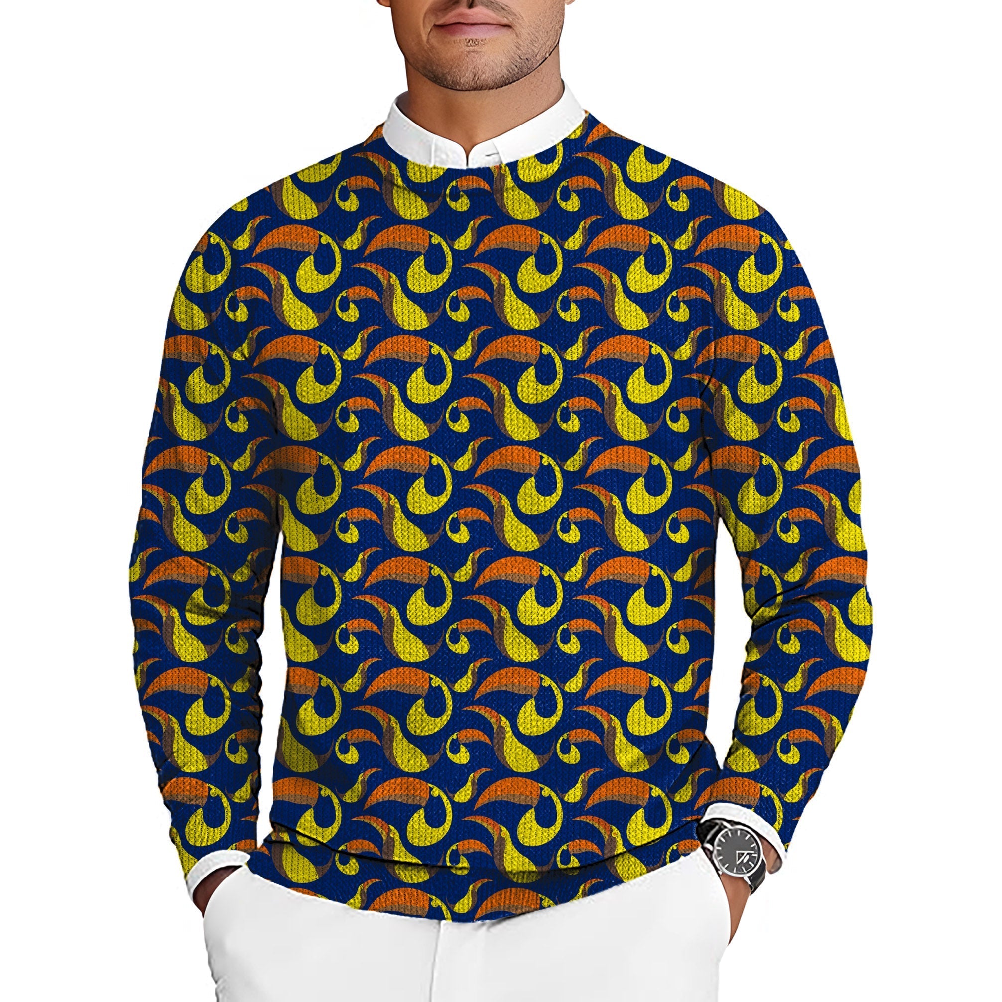 Men's Golf crewneck pullover sweater with colorful toucan pattern for golf tournaments and custom team uniforms