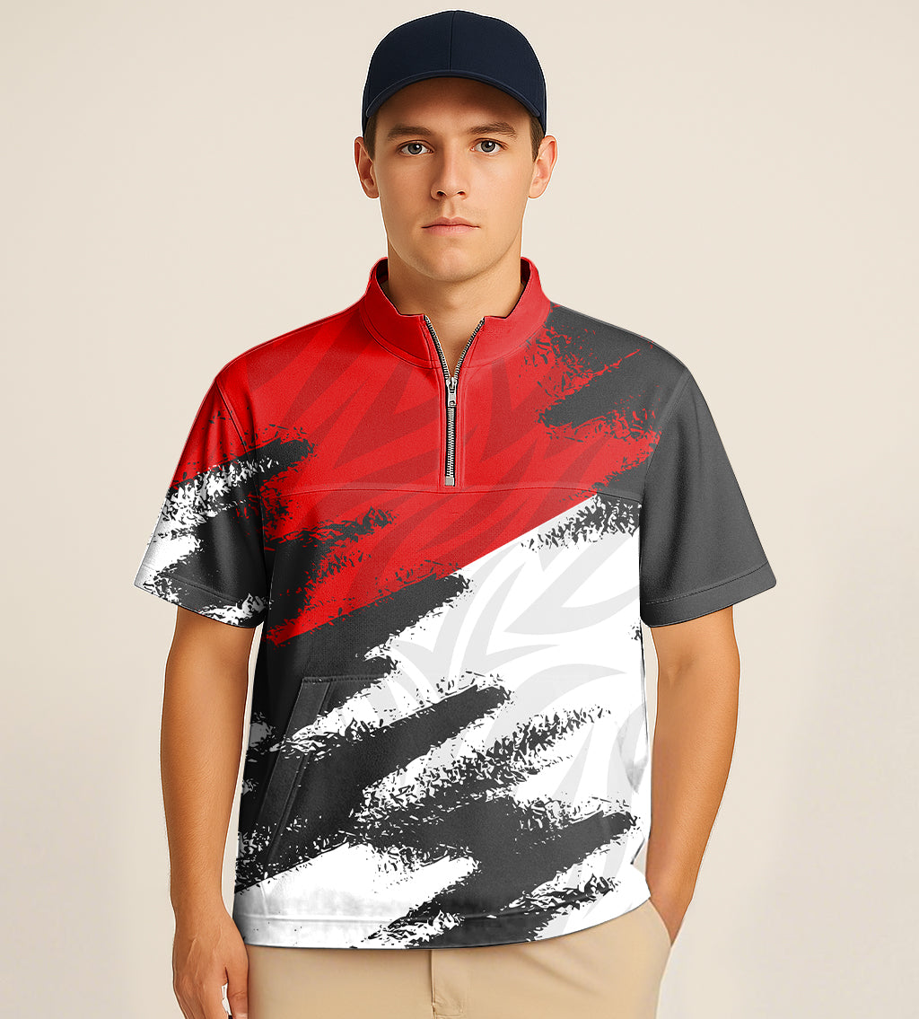 Red, black, and white half zipper turtleneck golf shirt with custom embroidery and short sleeves