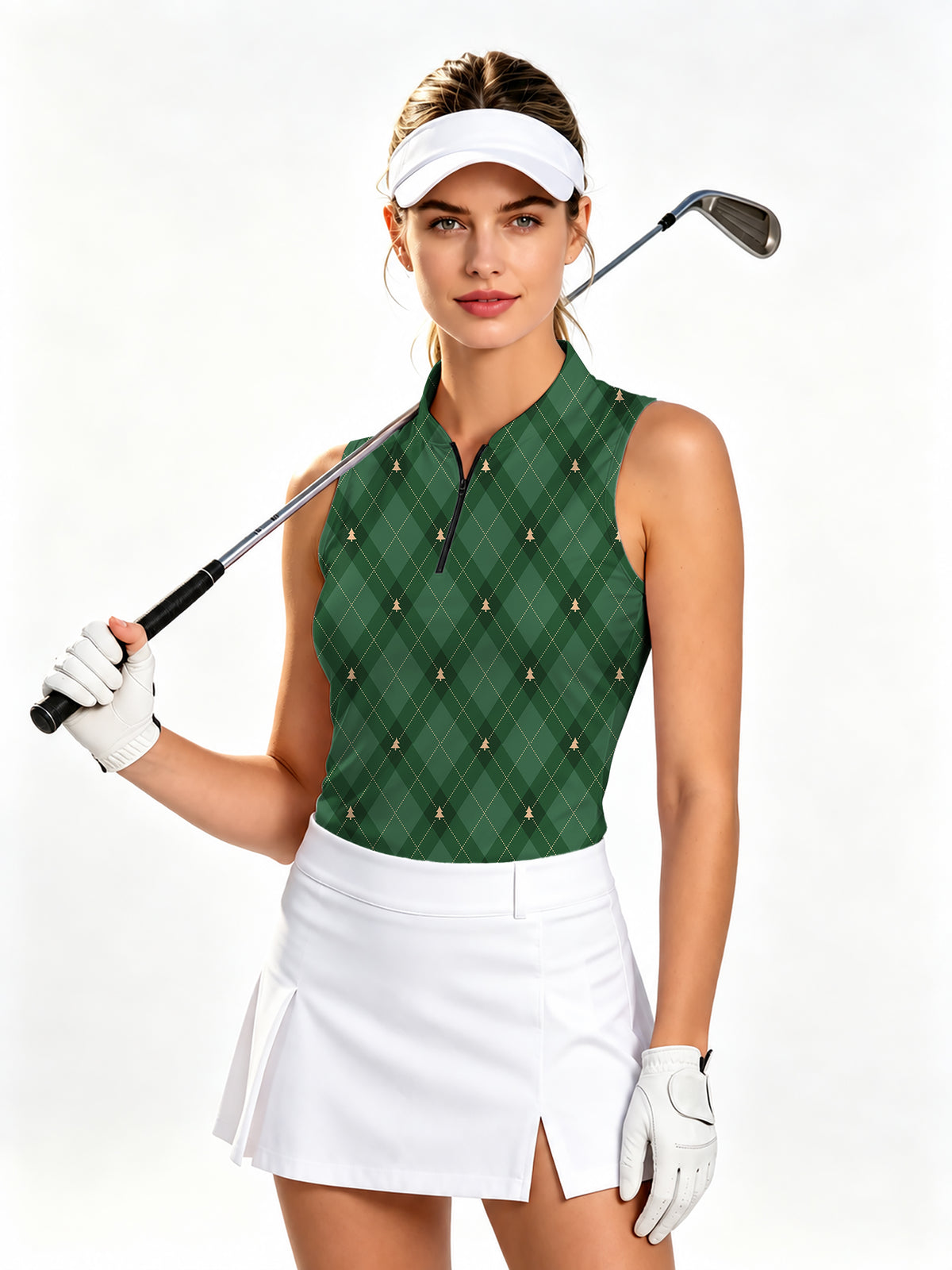 Green diamond-patterned Christmas tree Women's Quarter Zip Mock Neck Sleeveless Golf Athletic Blouse
