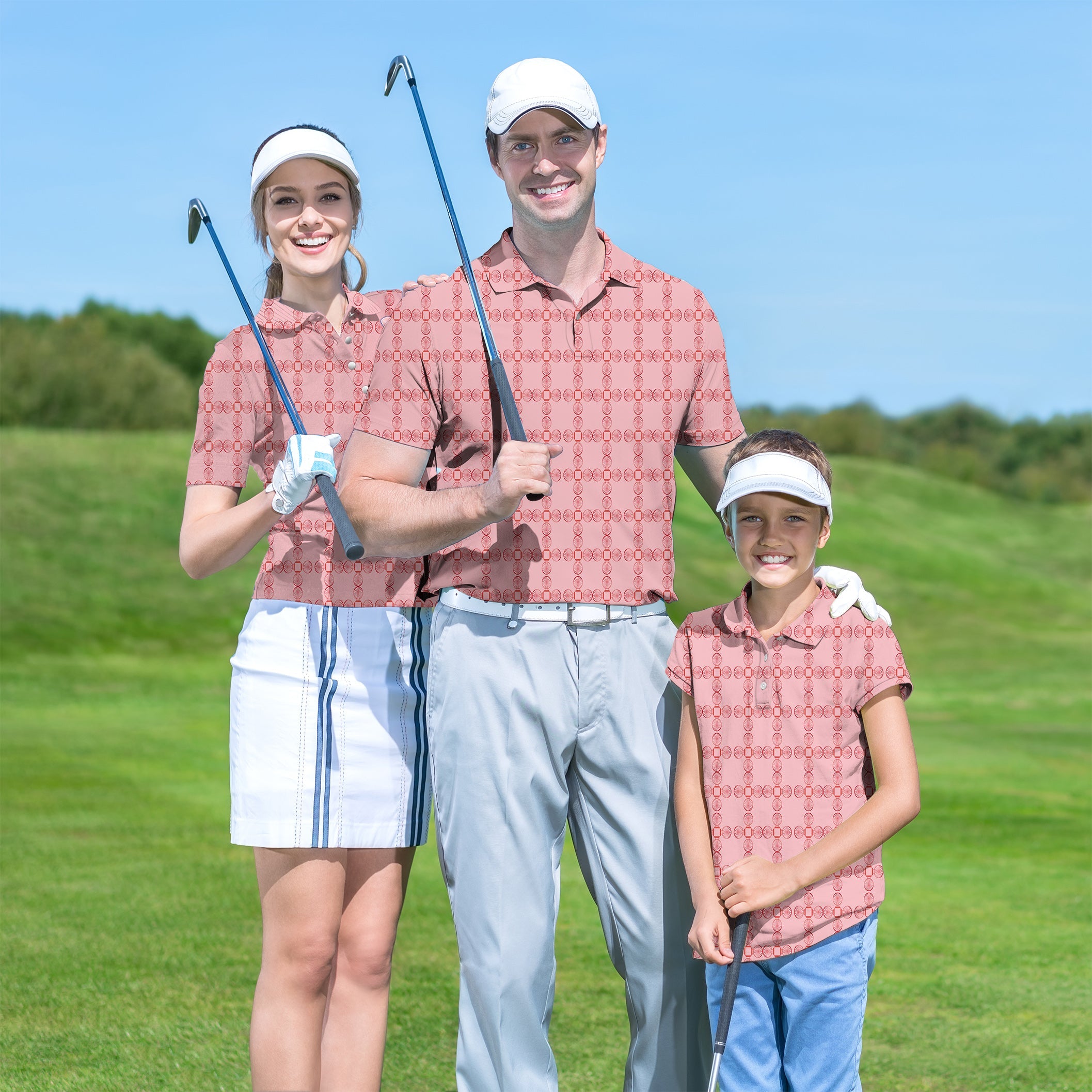 Limited edition family golf set with pink geometric design and classic fit shirts on golf course
