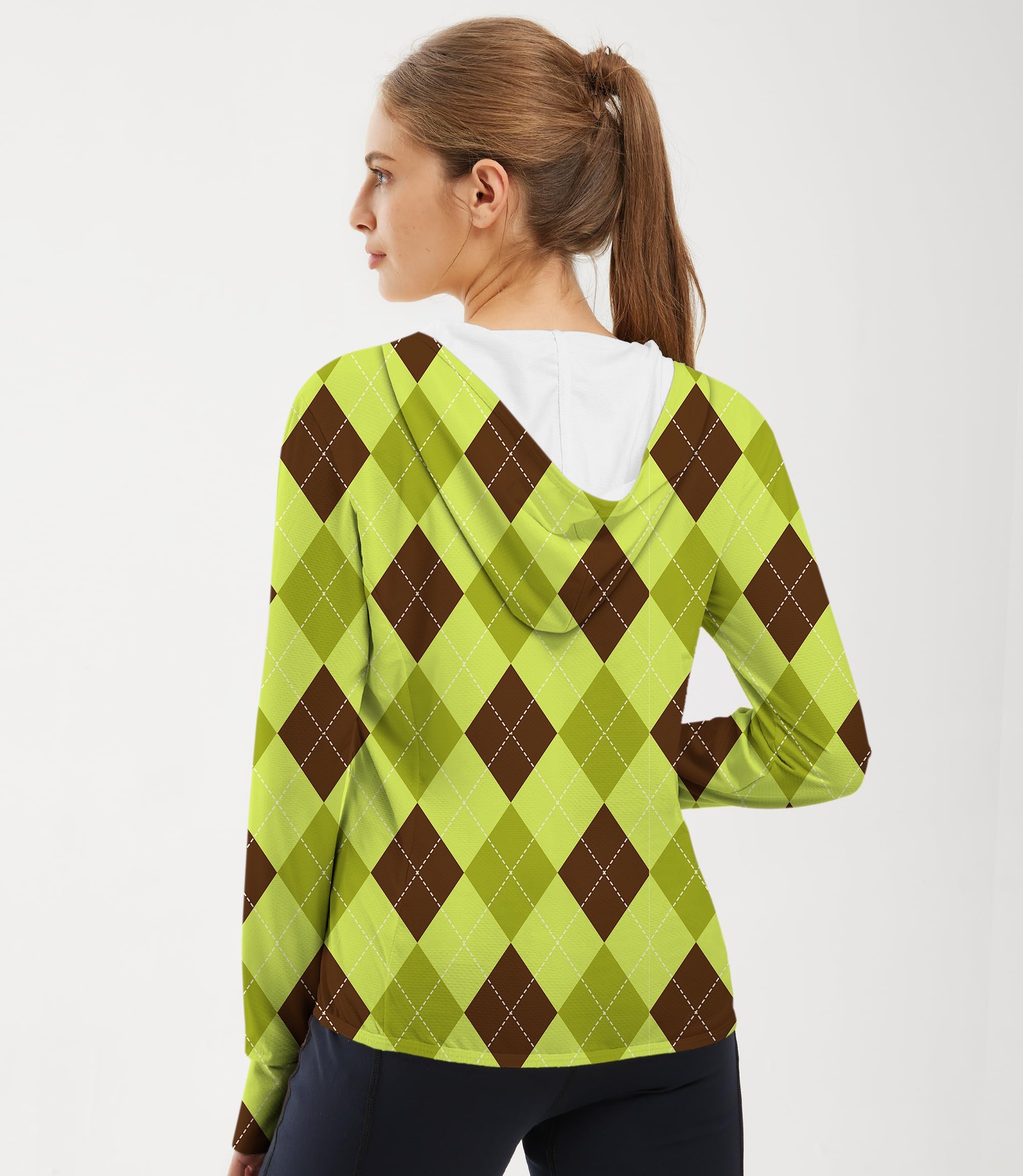 Women's outdoor slim fit yellow argyle golf sun protection hoodie with UPF 50+ breathable fabric
