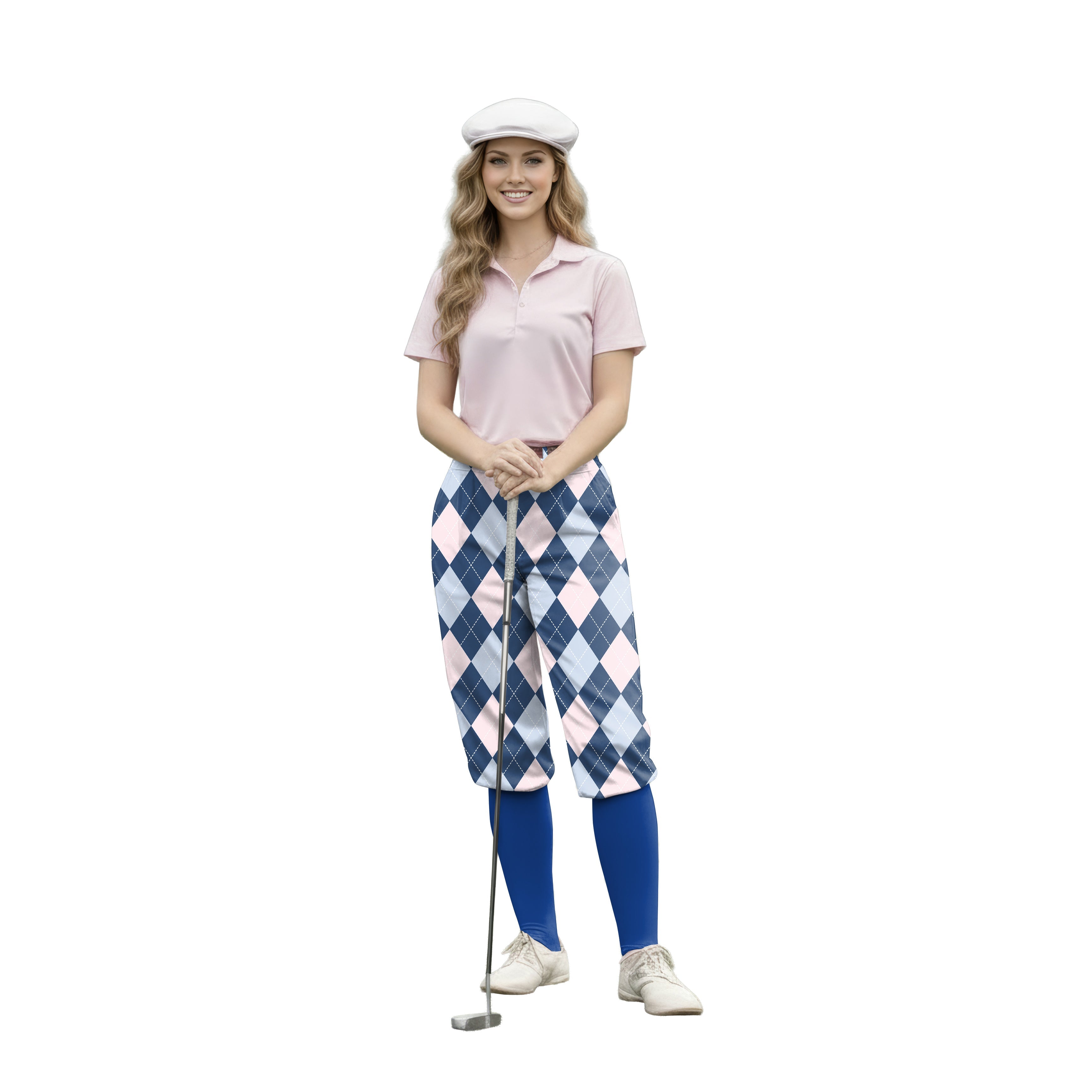 woman wearing blue Argyle womens golf knickers with pink polo and white cap holding golf club