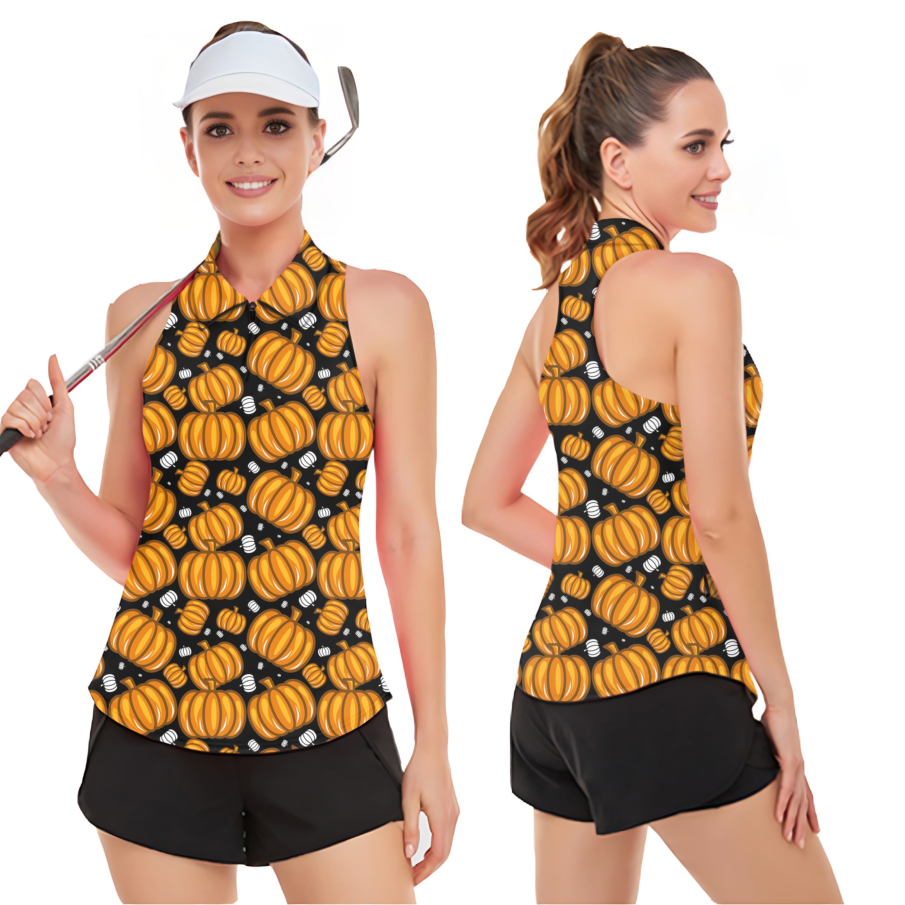 Women’s sleeveless golf tank top with Halloween Pumpkin Family print, breathable and UPF50+ sun protection
