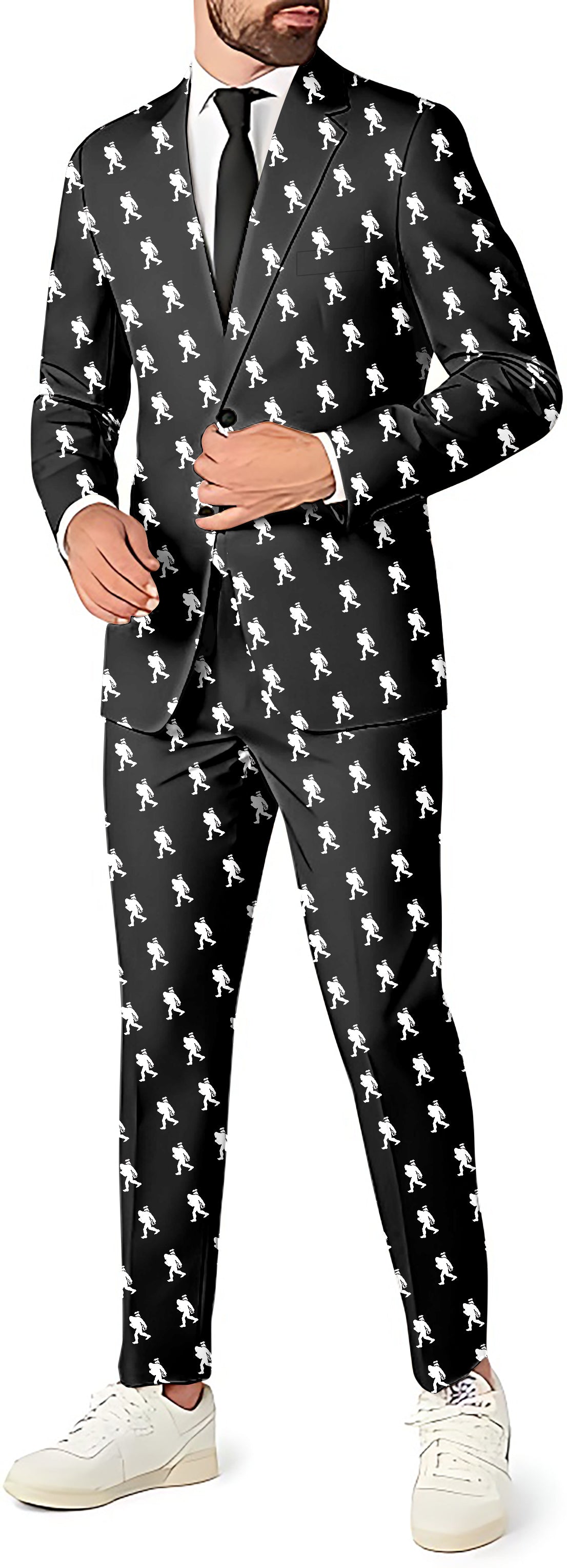 Bigfoot men's party costume suit set with blazer, vest, and pants in black with white Bigfoot print
