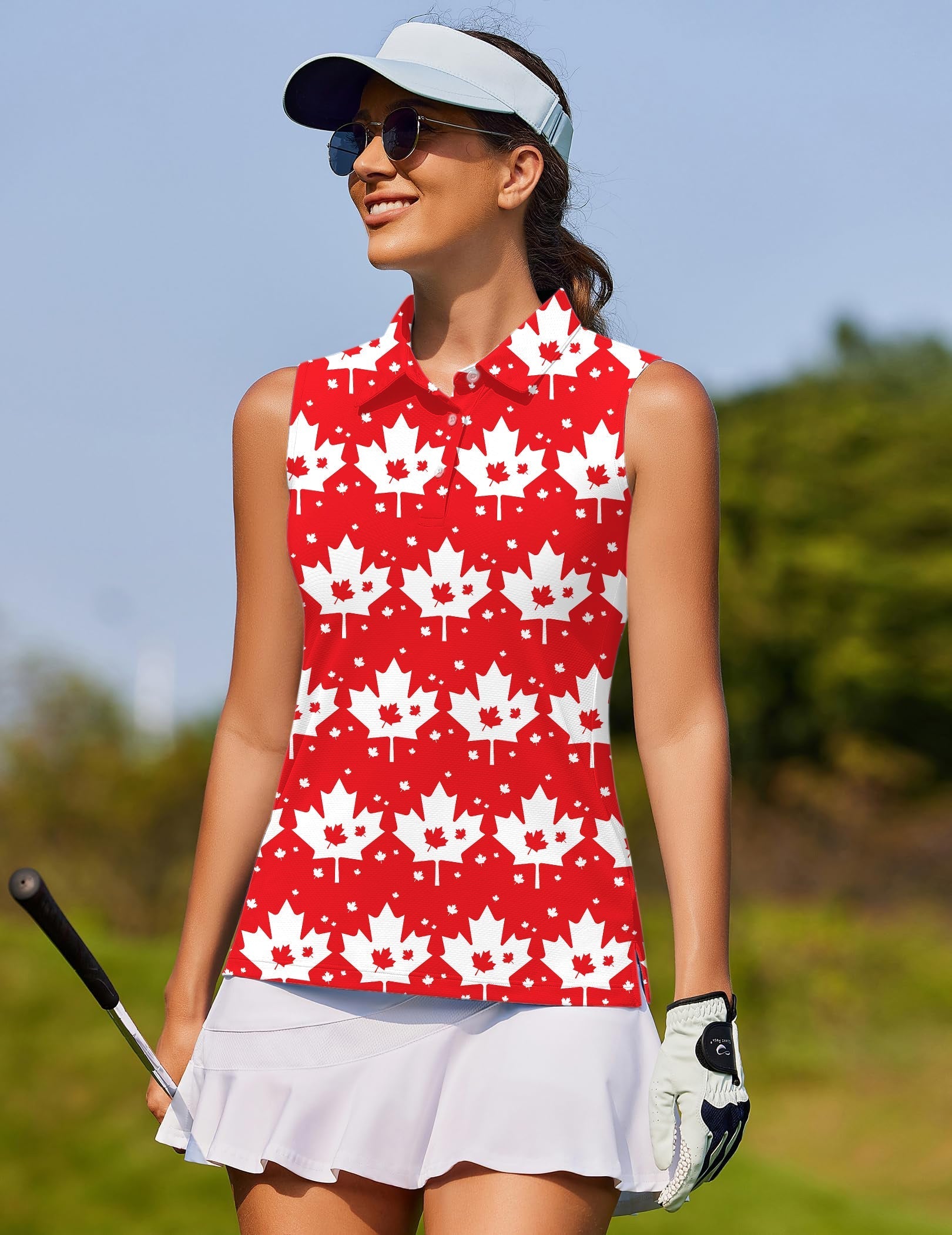 Canadian Maple Leaf Women's sleeveless golf shirt with red and white maple leaf pattern