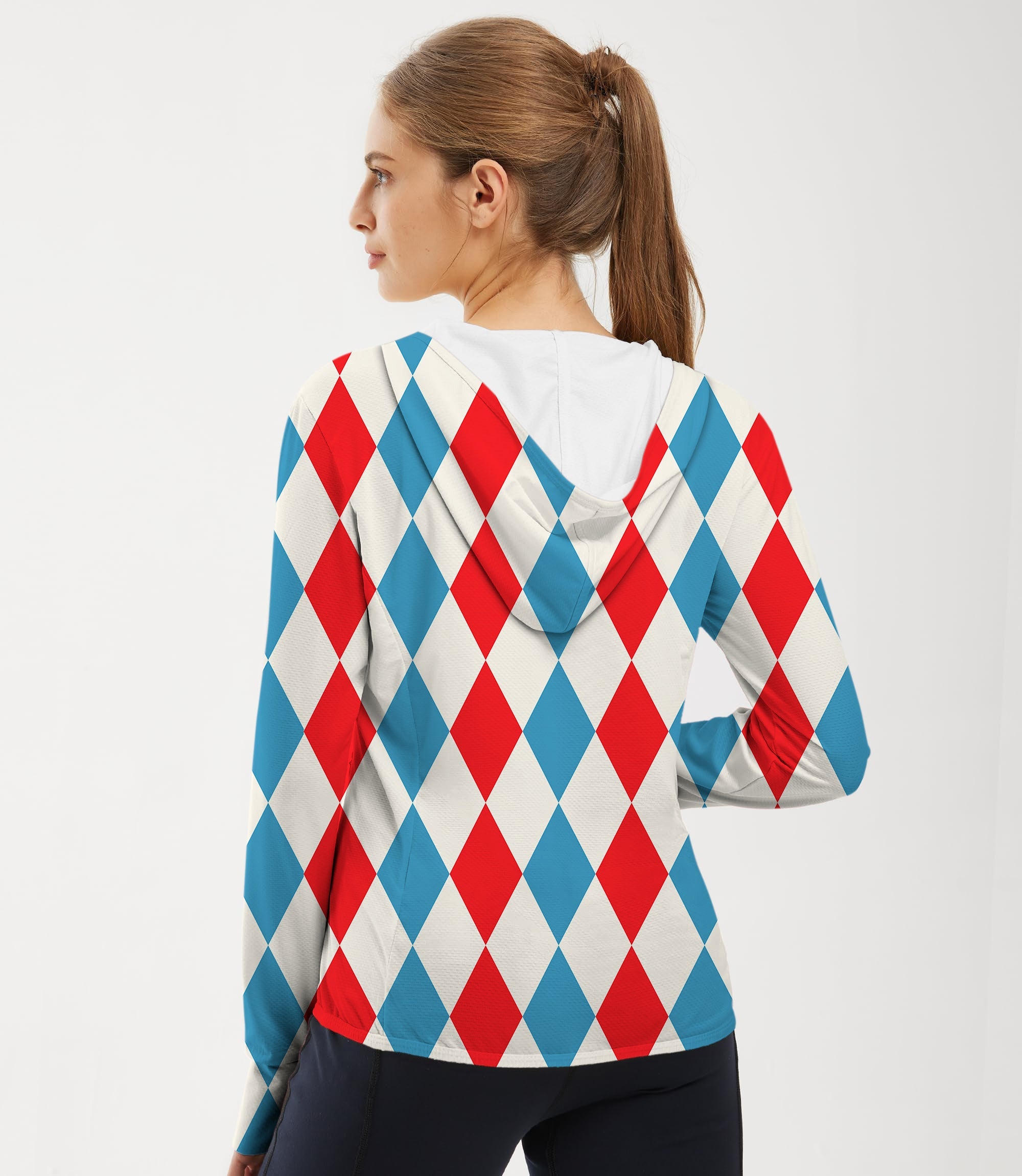 Women's outdoor slim fit zip hoodie with geometric red and blue argyle checkerboard pattern and sun protection hood