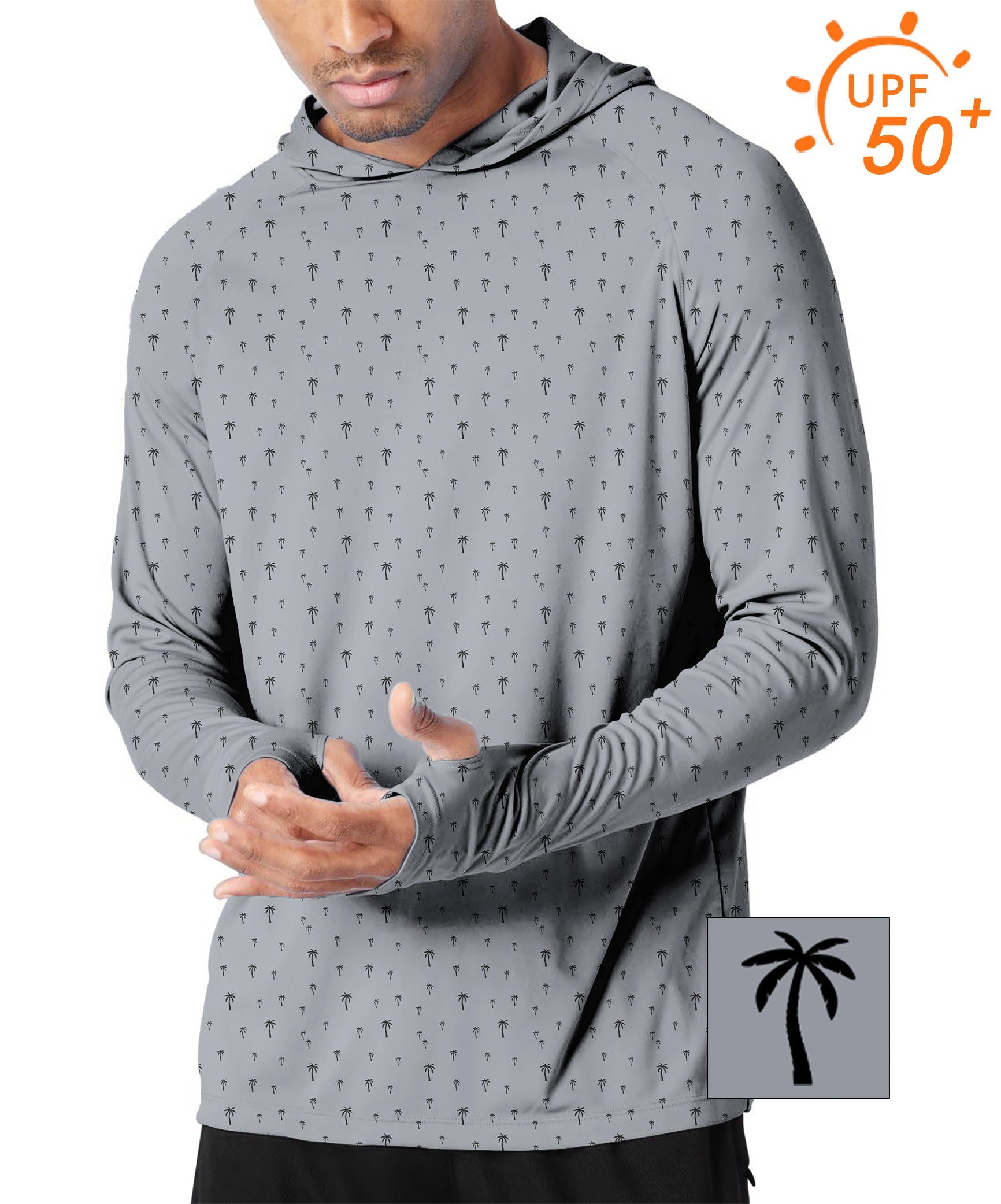 Men's outdoor slim fit hoodie with coconut palm print, UPF 50+ sun protection, breathable and moisture-wicking fabric.
