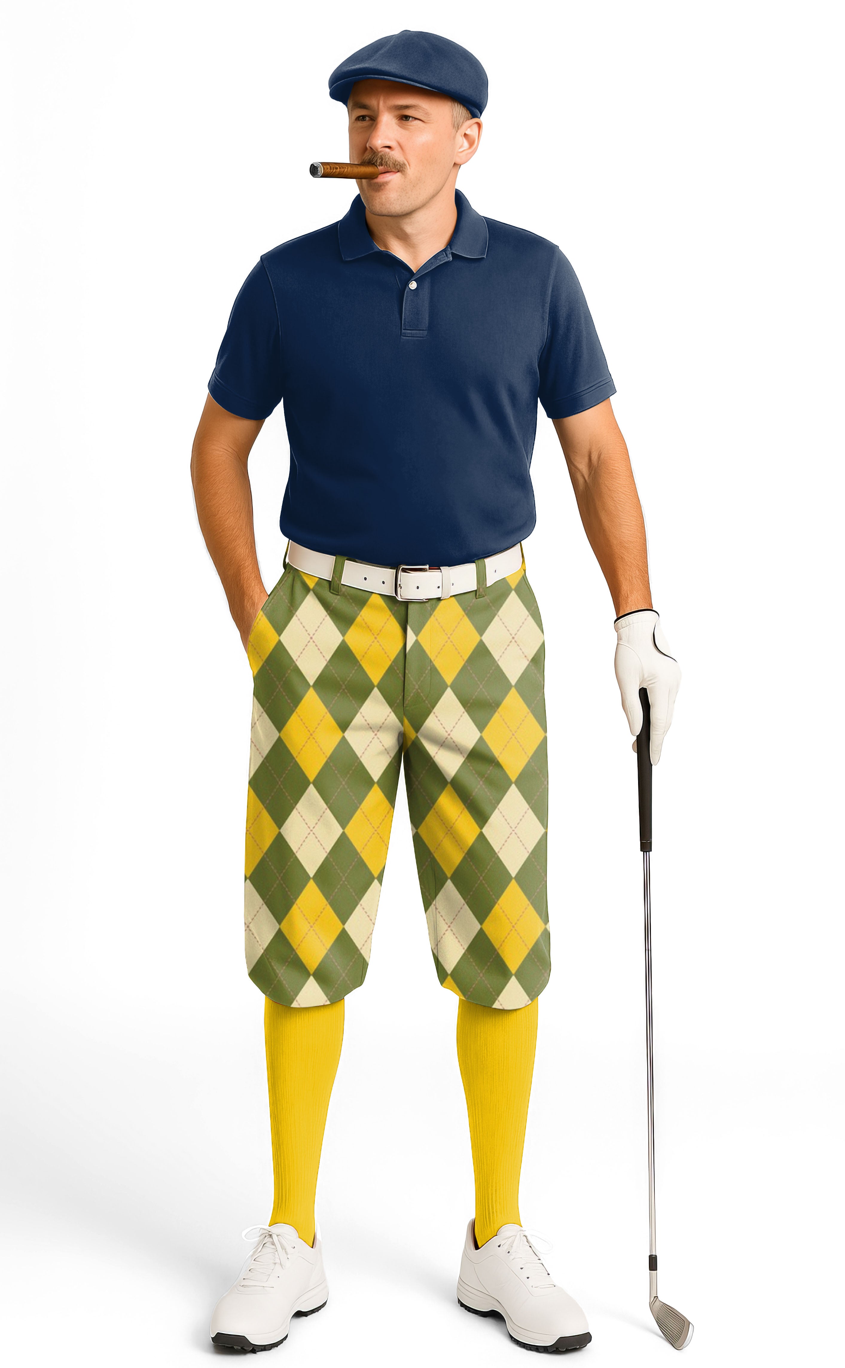 Man wearing Argyle-Men's Golf Knickers with yellow, green, and white pattern, navy polo, and yellow knee-high socks holding golf club