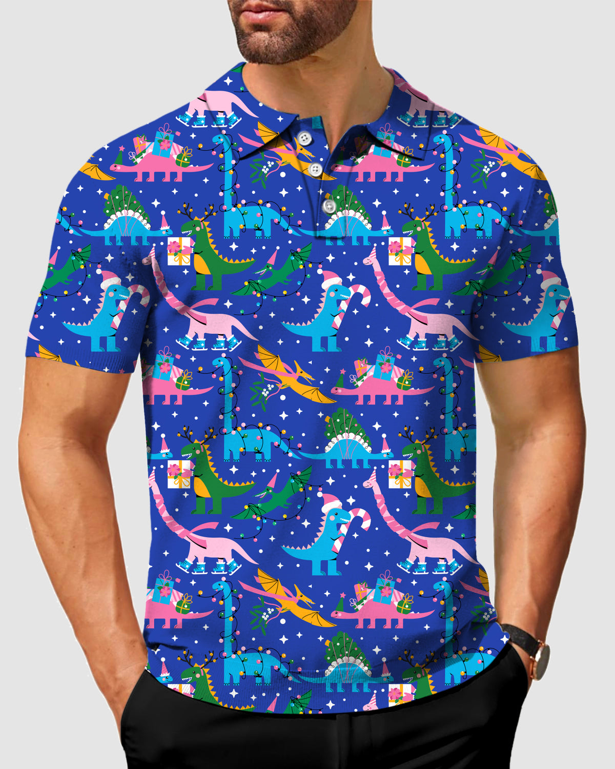 Men's Christmas Dinosaur Polo