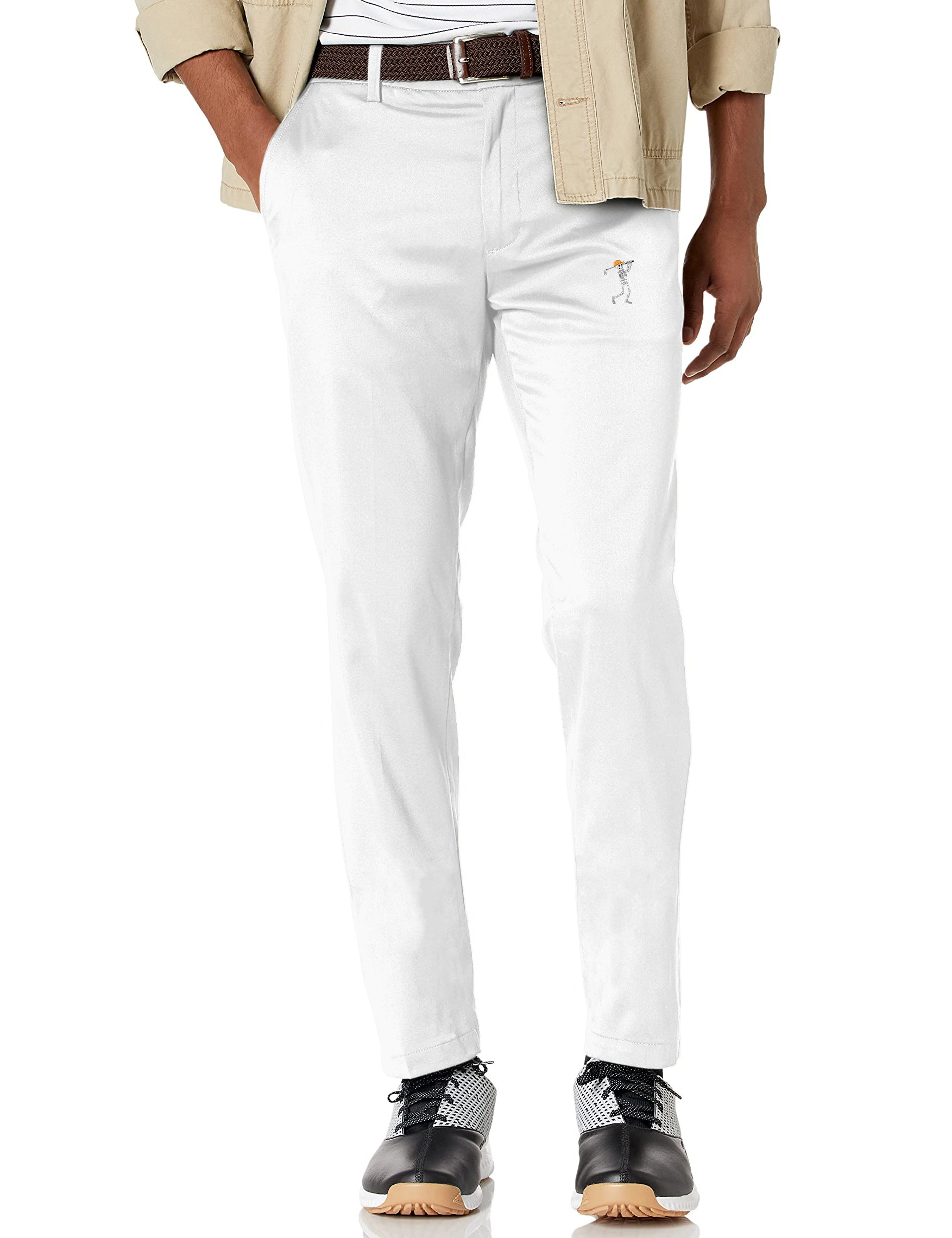 Men's pumpkin white Halloween skeleton stretch golf pants with moisture-wicking performance fabric and active waistband