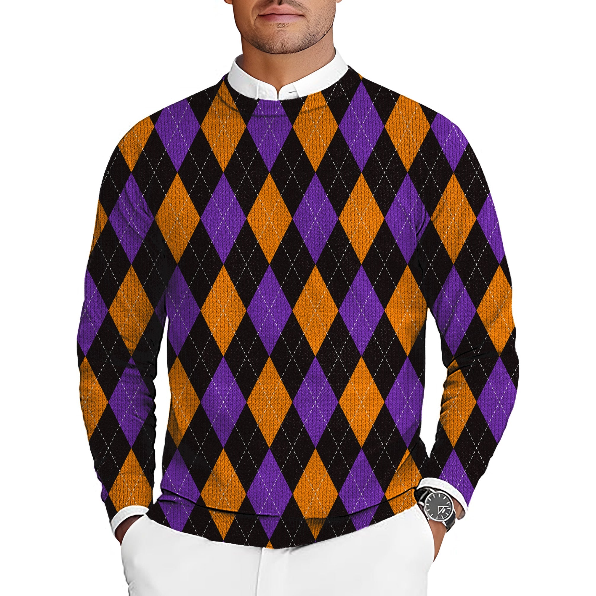 Men's golf crewneck pullover sweater with orange, purple, and black argyle pattern