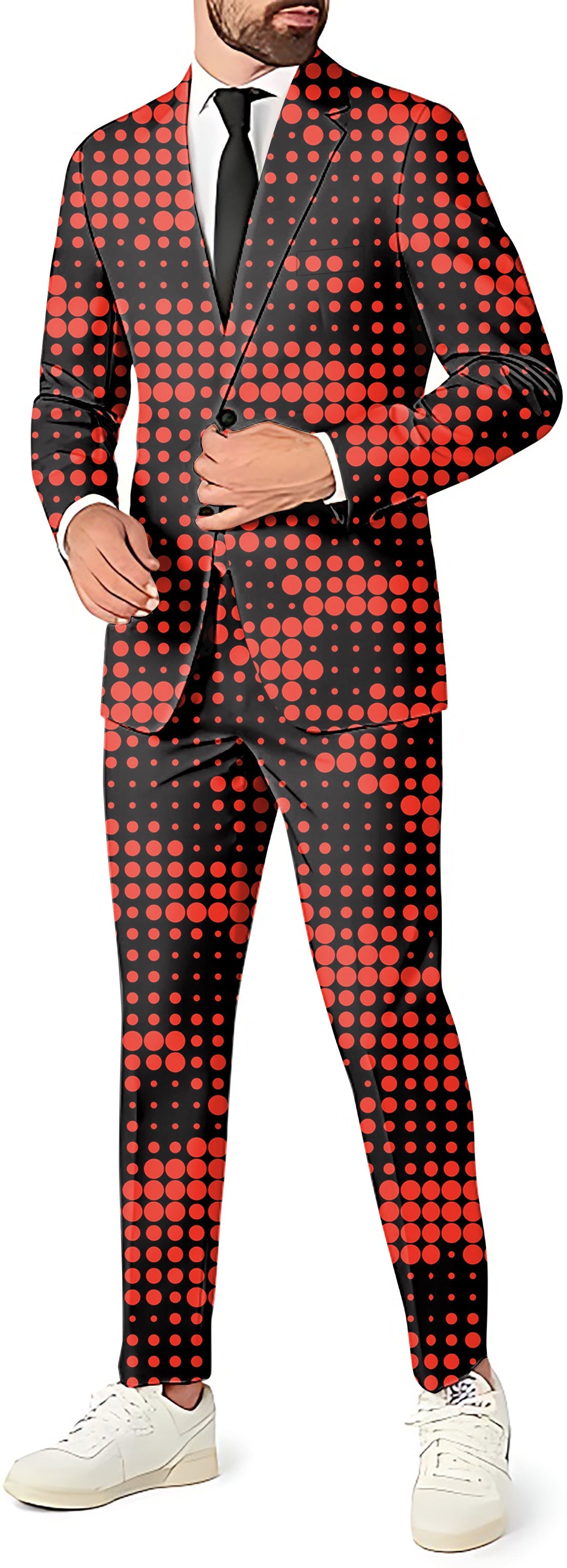 Red origin pixel men's party suit set with blazer, pants, and vest in slim fit design