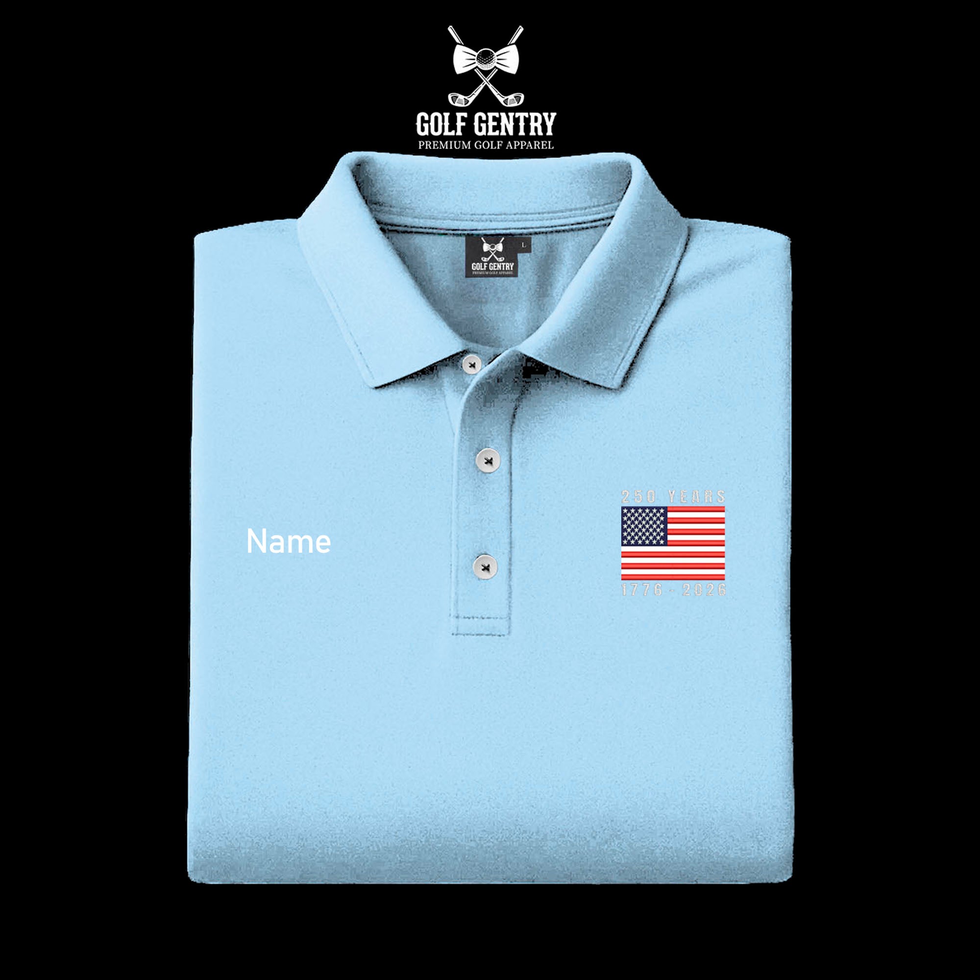 Men's The United States Celebrates Its 250th Anniversary of Independence Solid Sky Color Embroidery On The Left Chest Nylon Polo
