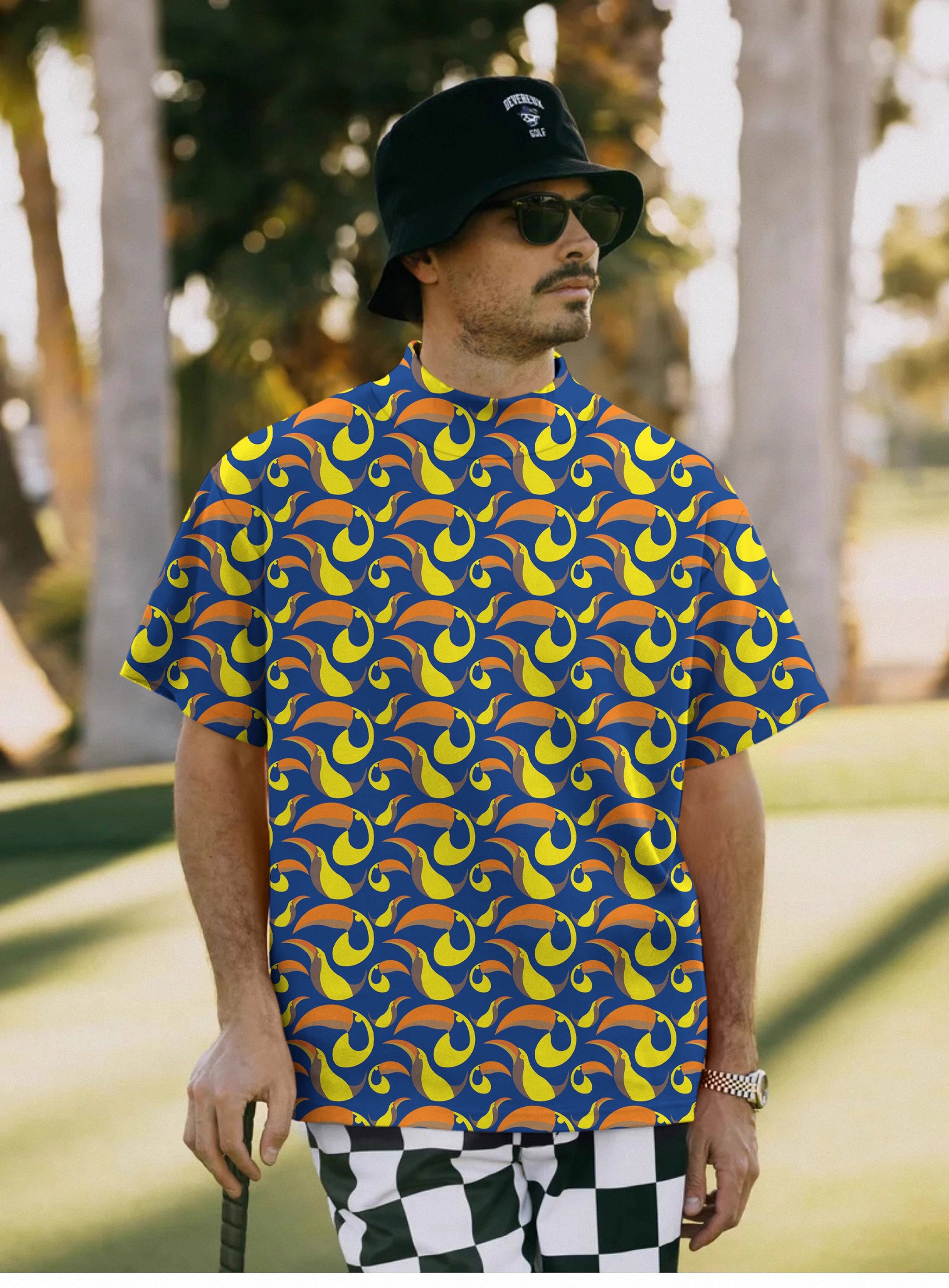 Men's toucan pullover t-shirt with colorful toucan pattern and high neck design