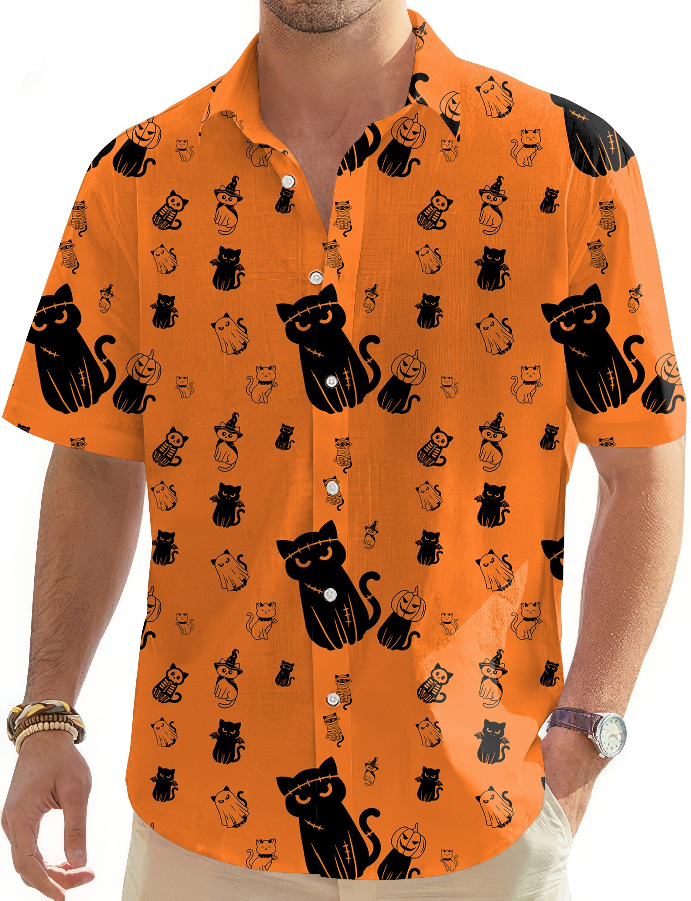 Men's Halloween cute cat print orange button-down Hawaiian shirt with short sleeves and classic collar