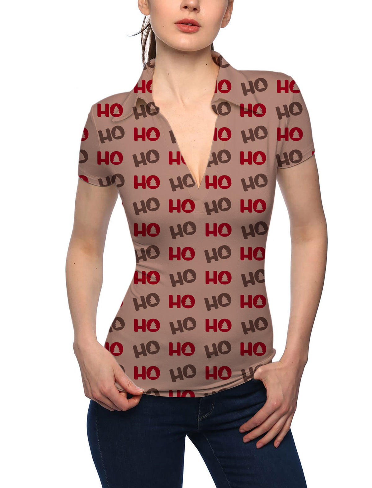 Women's Christmas Tree HO V Neck Golf Polo