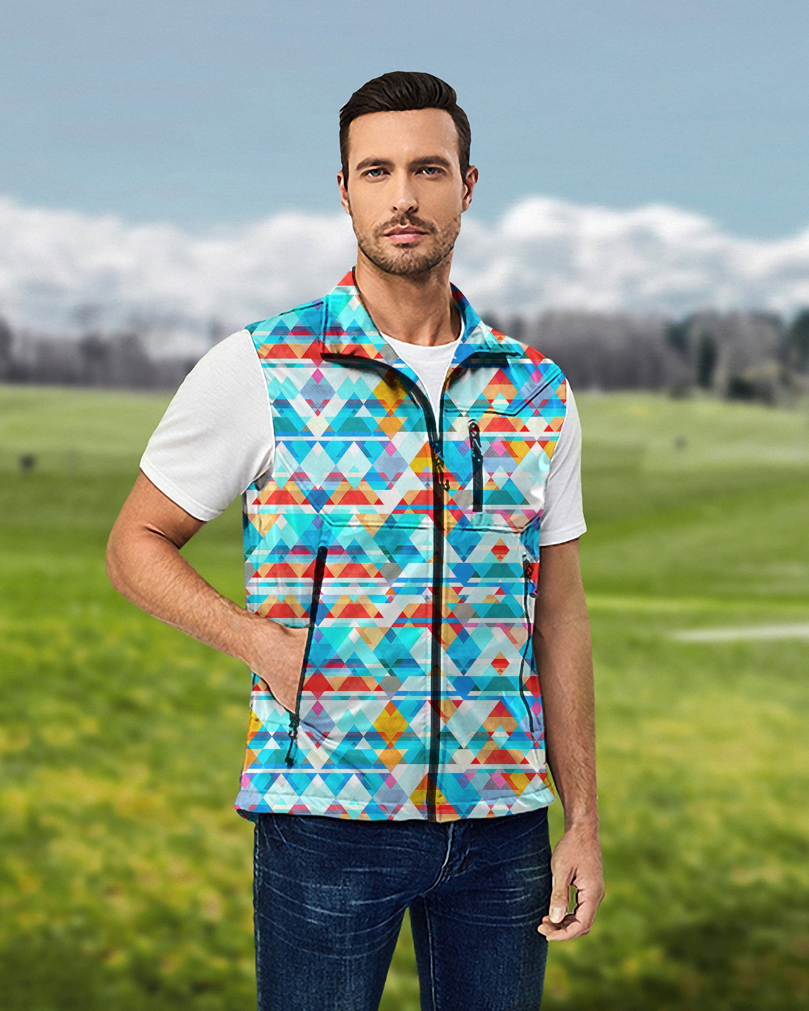 Men's Geometric lattice Lightweight Softshell Vest Sleeveless Jacket for Golf Windproof Waterproof