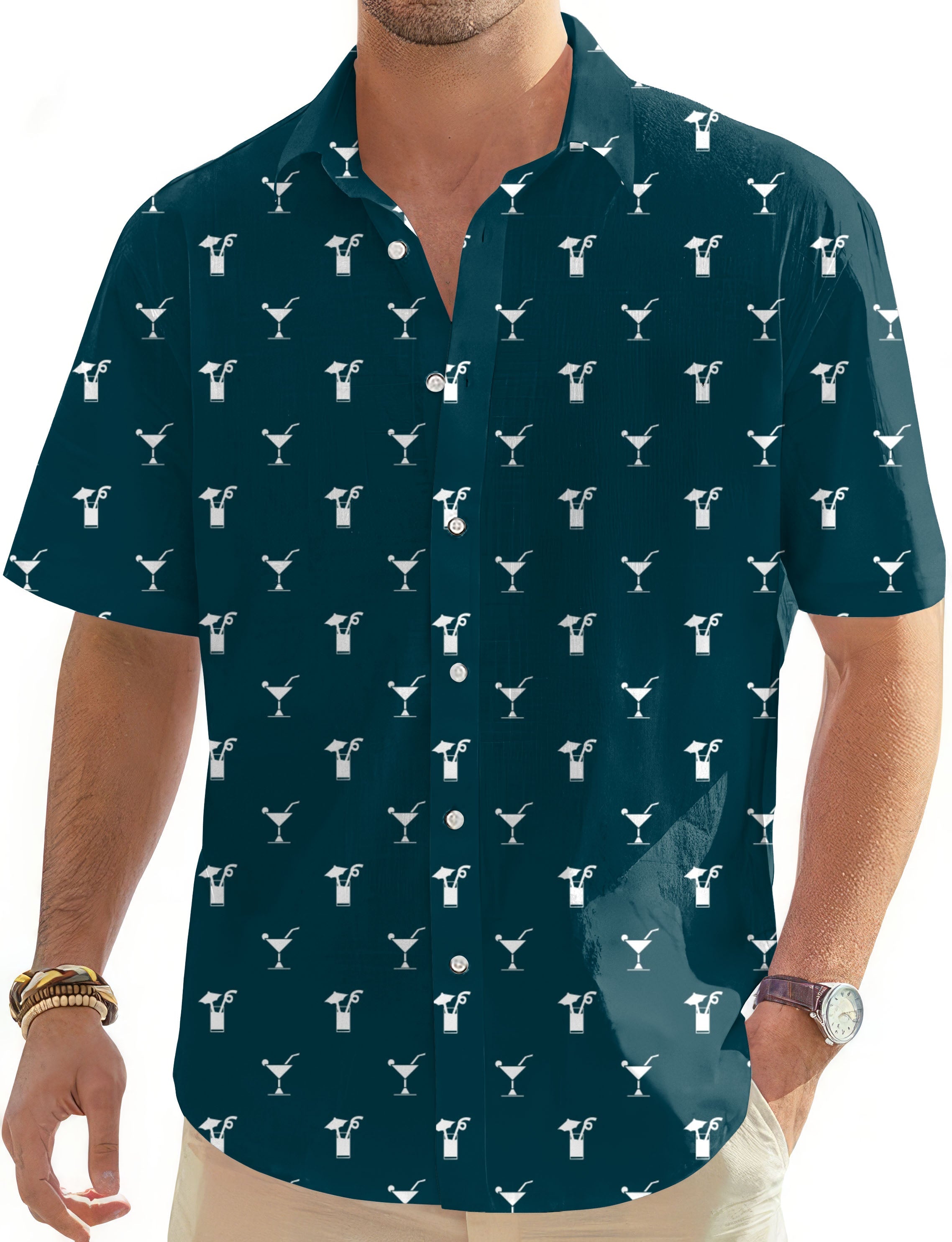 Men's Hawaiian shirt with lemon beverage print, short sleeve button-down design for casual summer wear