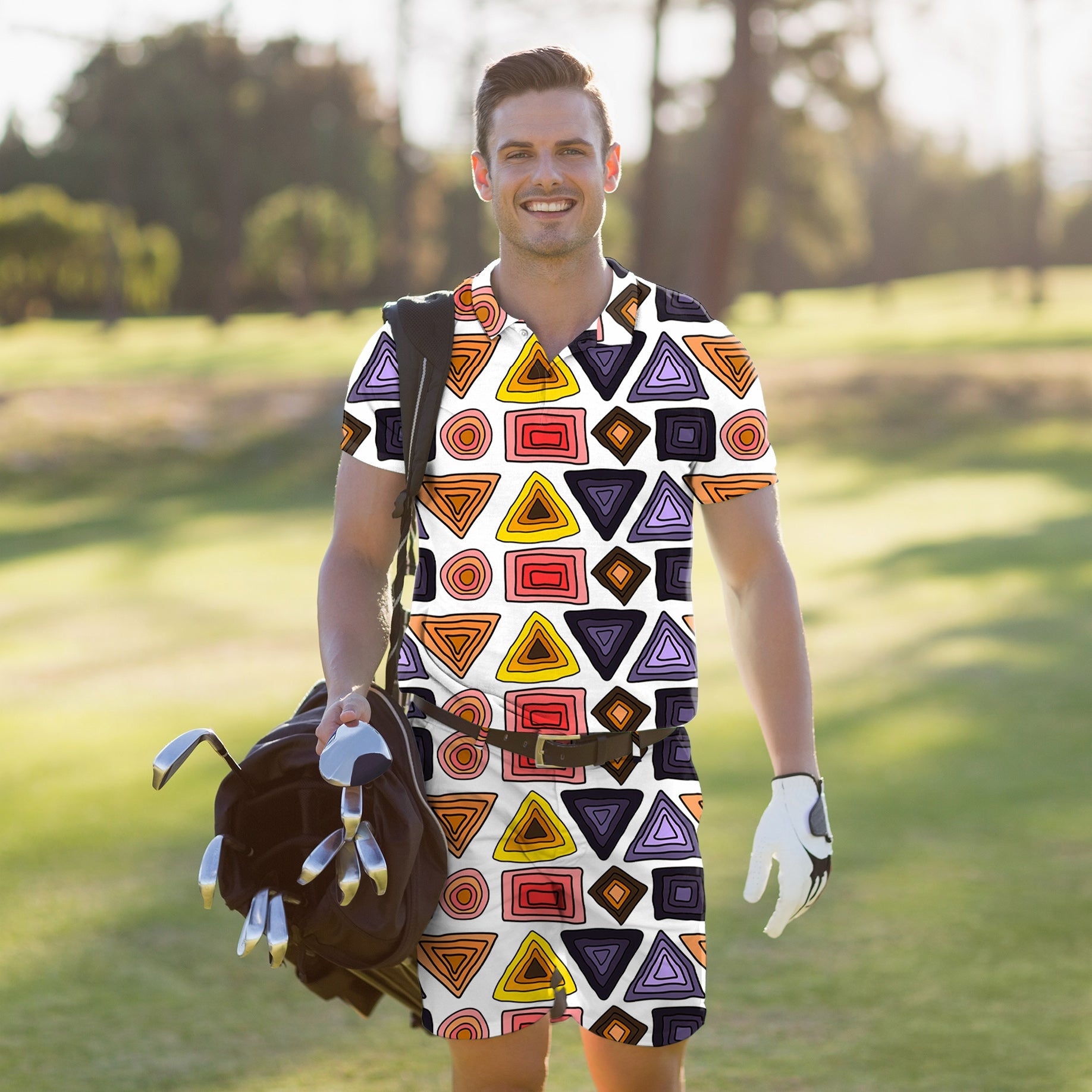 Men's golf set with colorful triangle tribal pattern, moisture-wicking, stretchy, wrinkle-resistant polo and shorts perfect for sport and business casual.