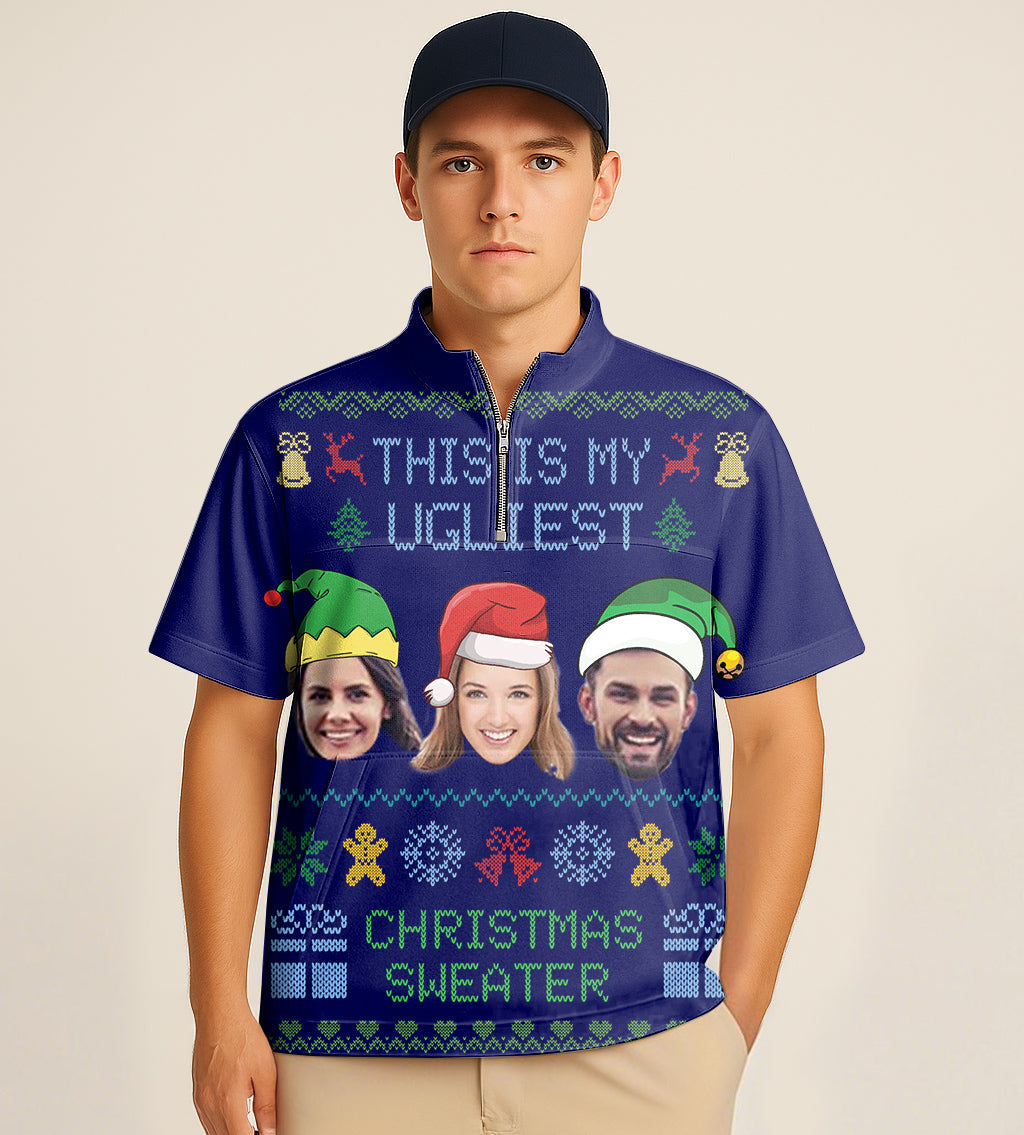 Navy half zipper turtleneck golf shirt with custom Christmas face embroidery