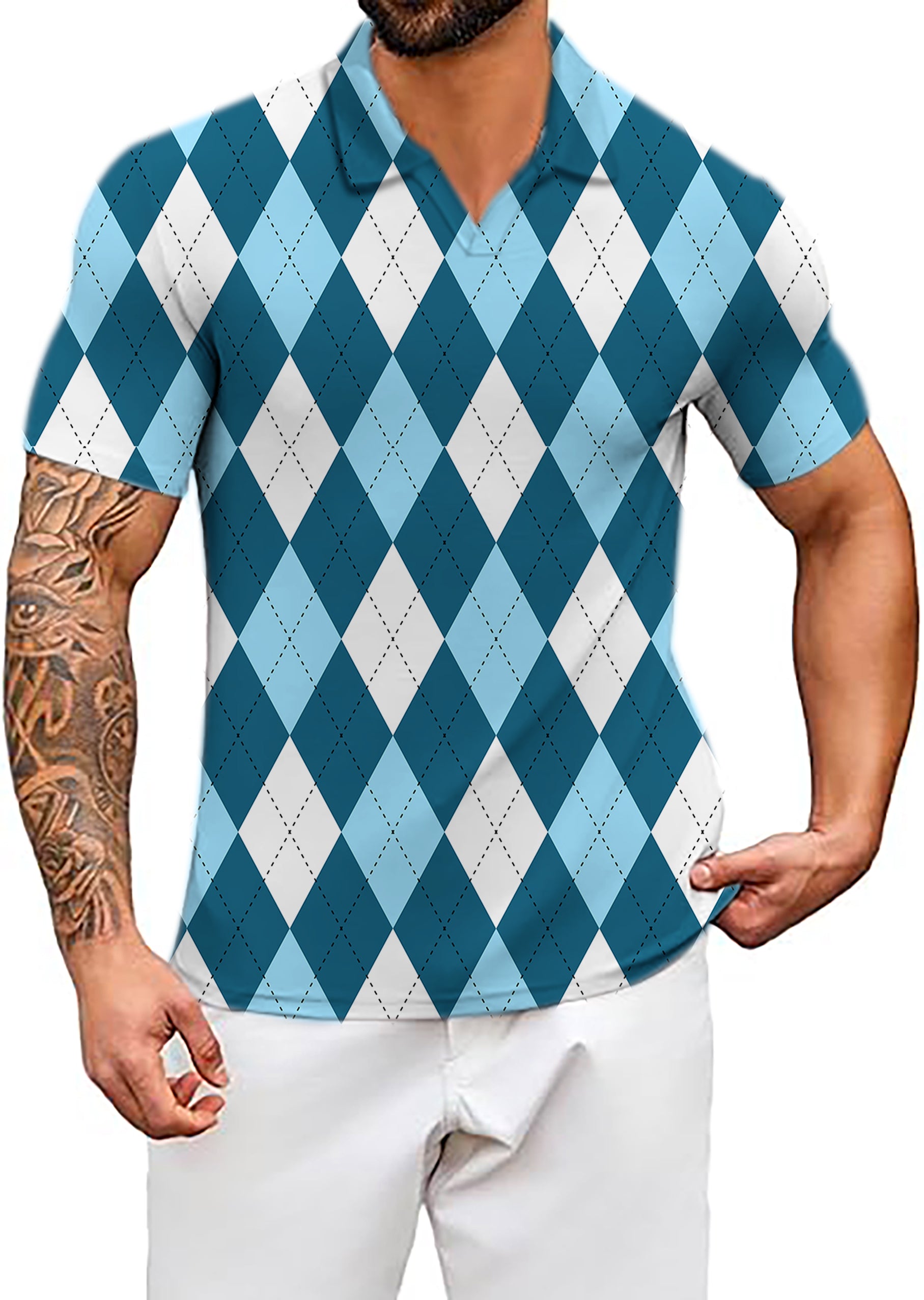Men's diamond moderate blue V Neck Golf Polo Shirts