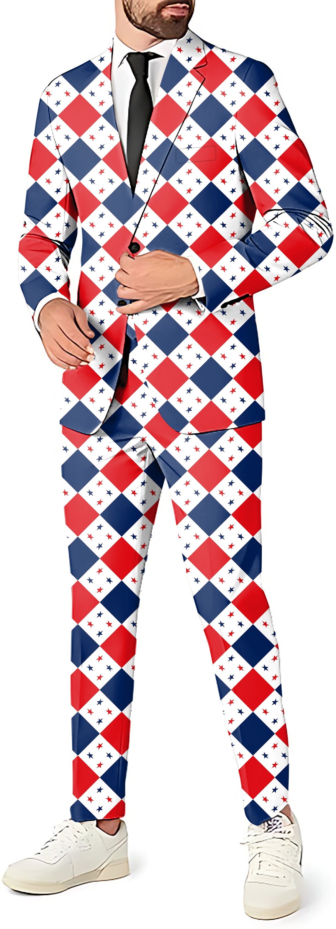 Men's party costume with argyle US star flag pattern blazer and pants set