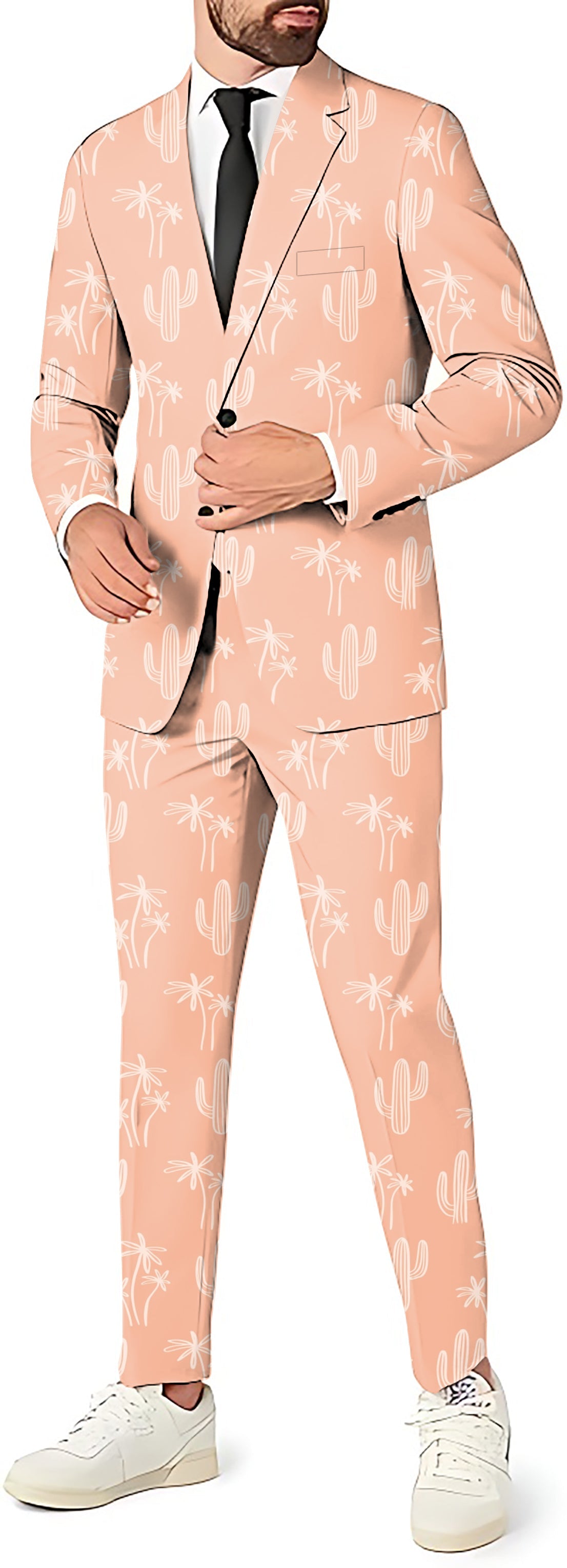 Desert Dweller Men's party suit set with blazer, pants, and vest featuring cactus print and slim fit design
