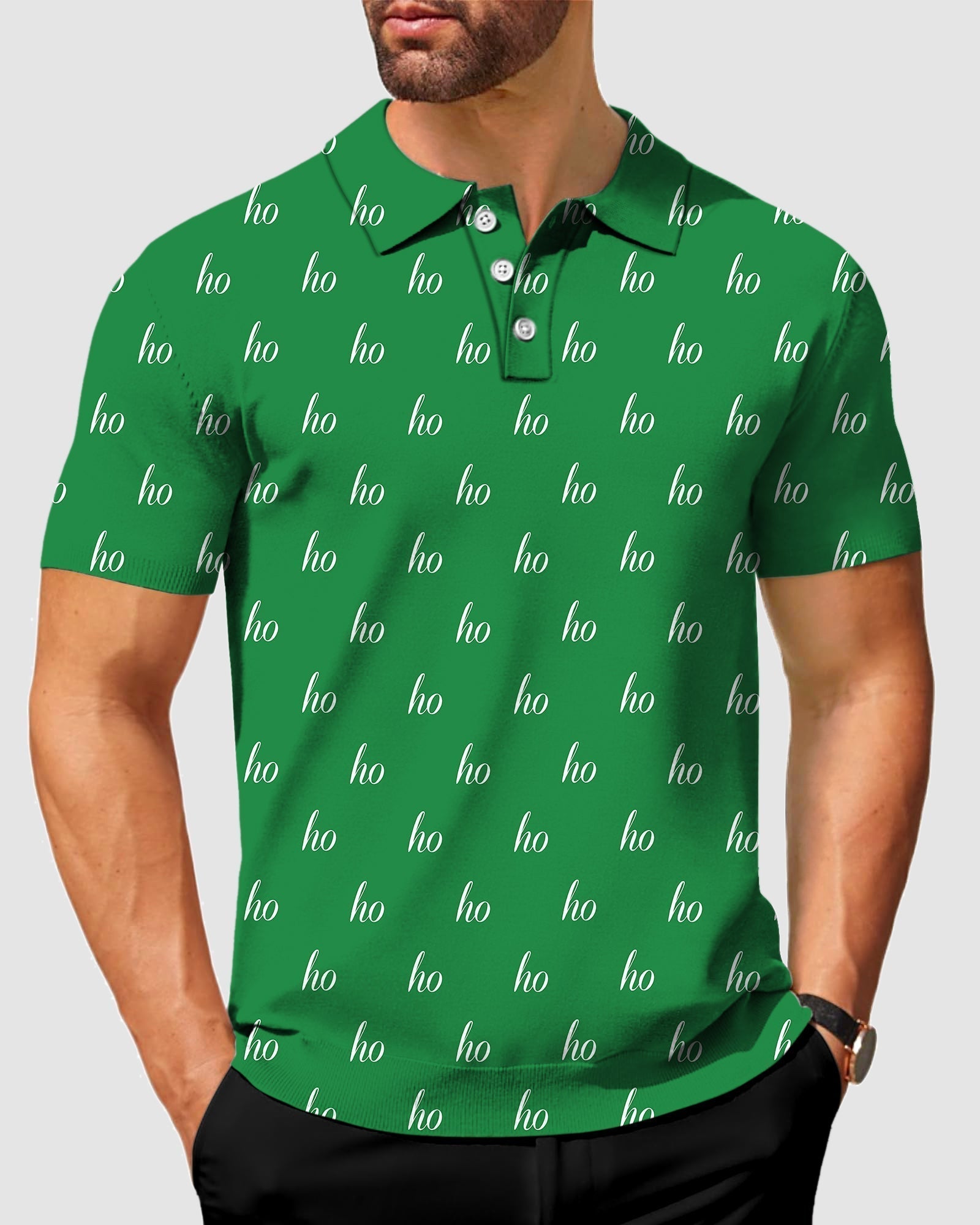 Men's green custom name Christmas polo shirt with "ho" pattern and tailored fit