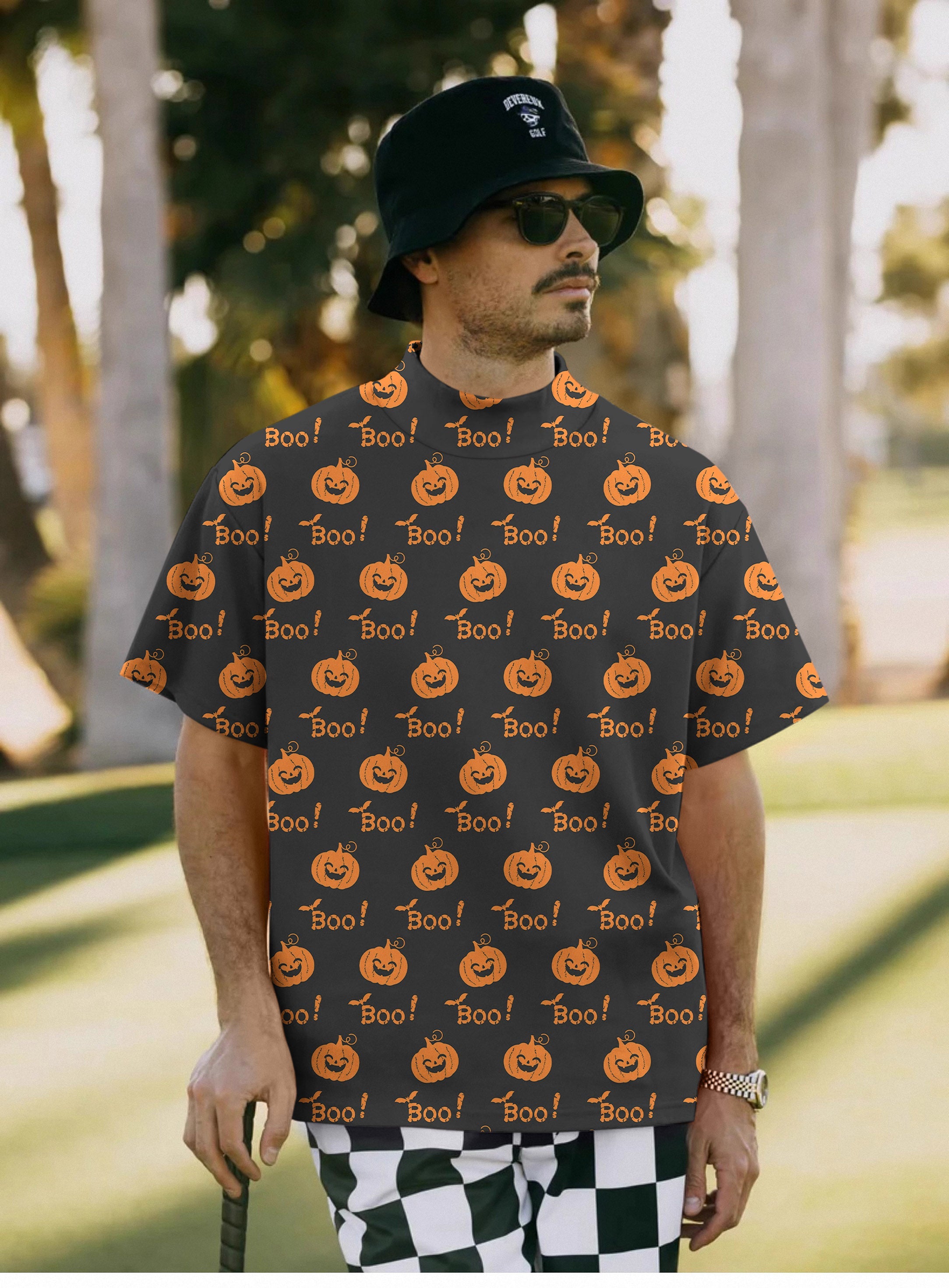 Men's Halloween Boo Pumpkin pullover shirt with orange pumpkin and "Boo!" print on black background