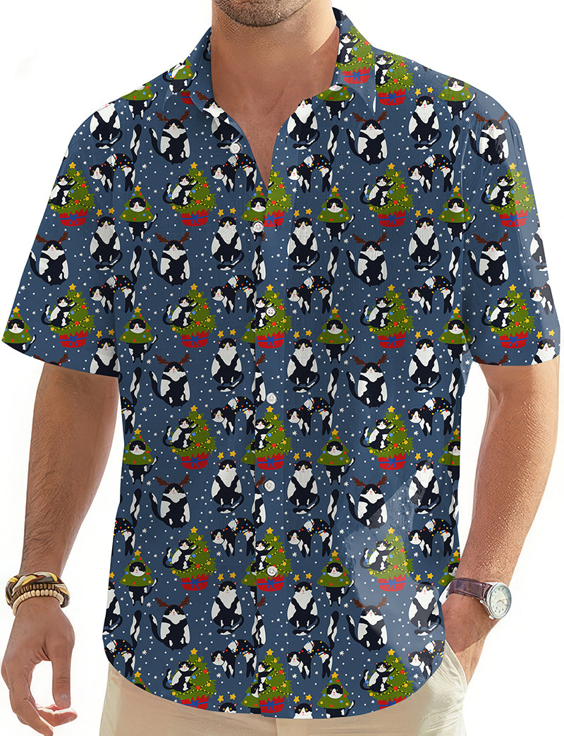 Christmas black and white cat Men's Golf Hawaiian Shirts Button Down Shirt