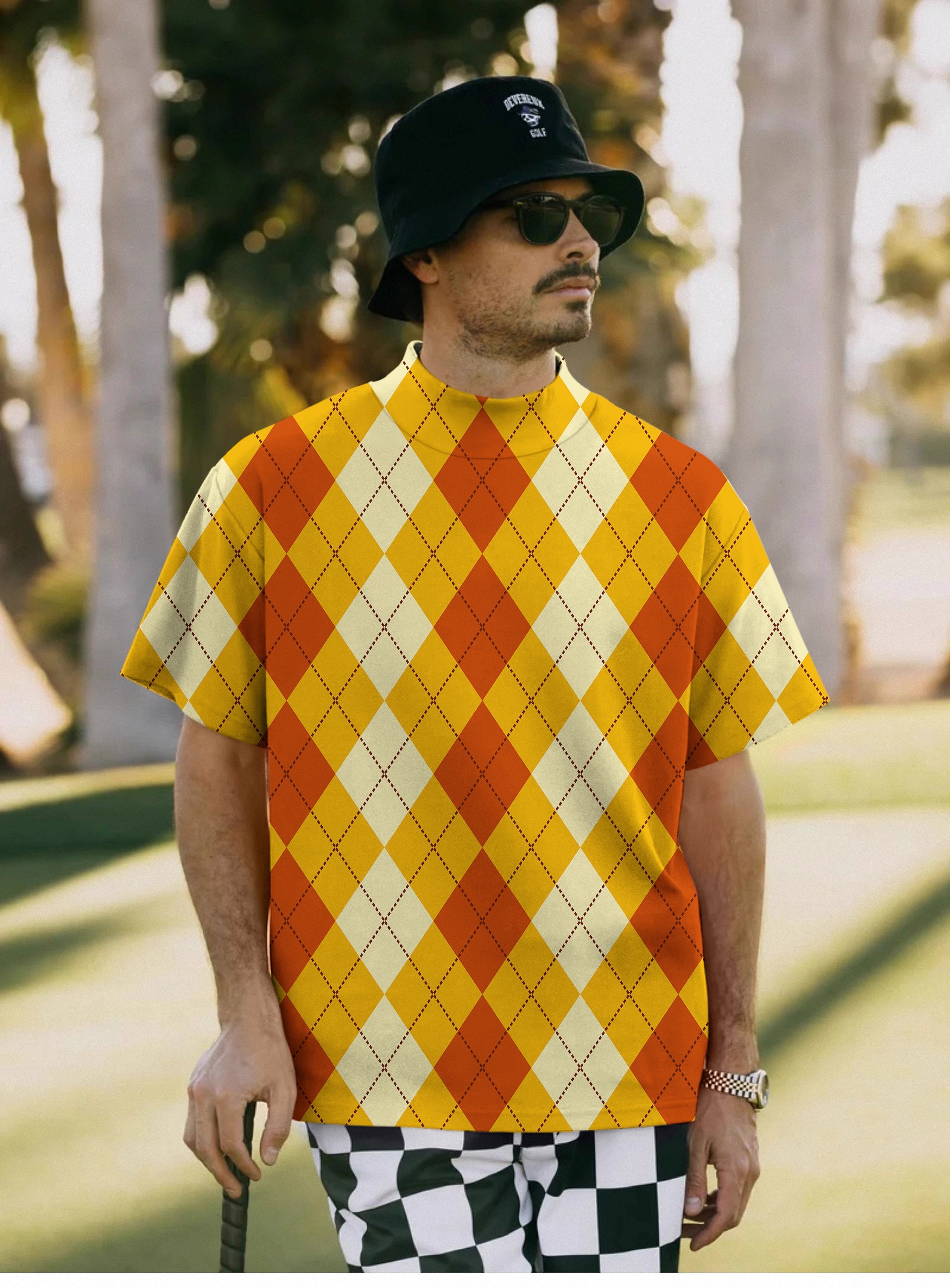 Men's Halloween light yellow red argyle pullover T-shirt with high neck and short sleeves