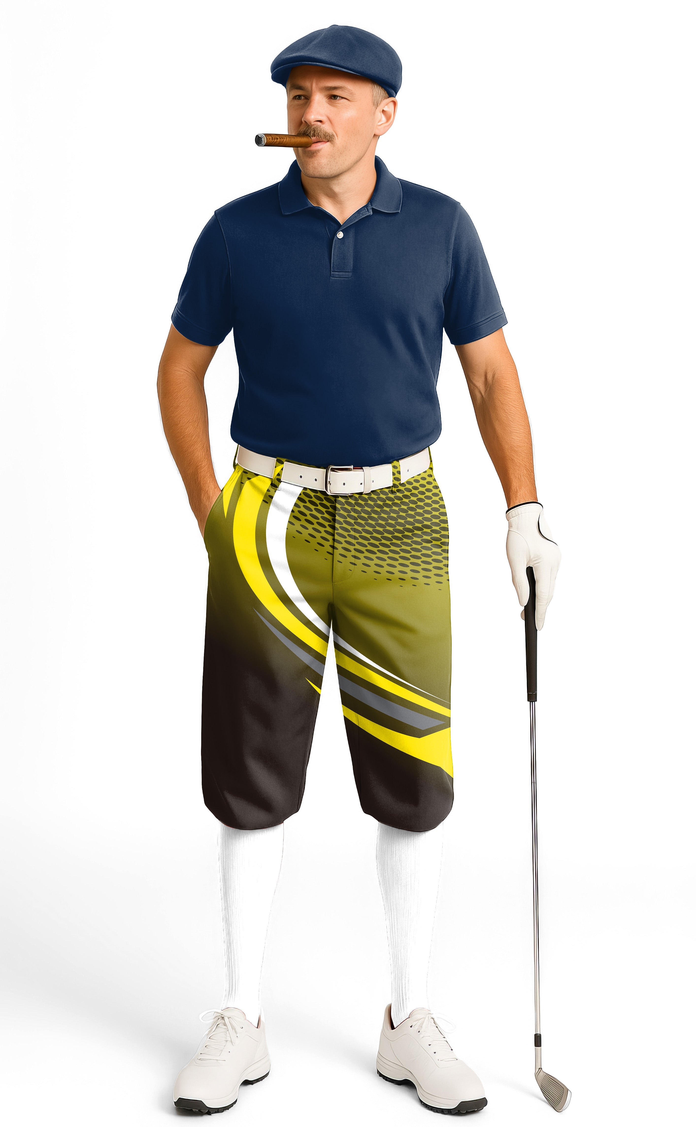 Men's yellow black custom sport golf knickers with snug ankle cuffs and breathable fabric