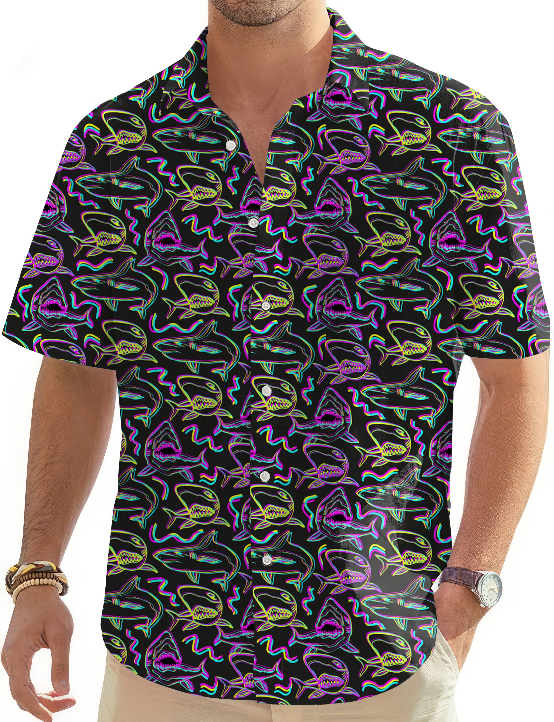 Neon Sharks-Men's Golf Hawaiian Shirts Button Down Shirt