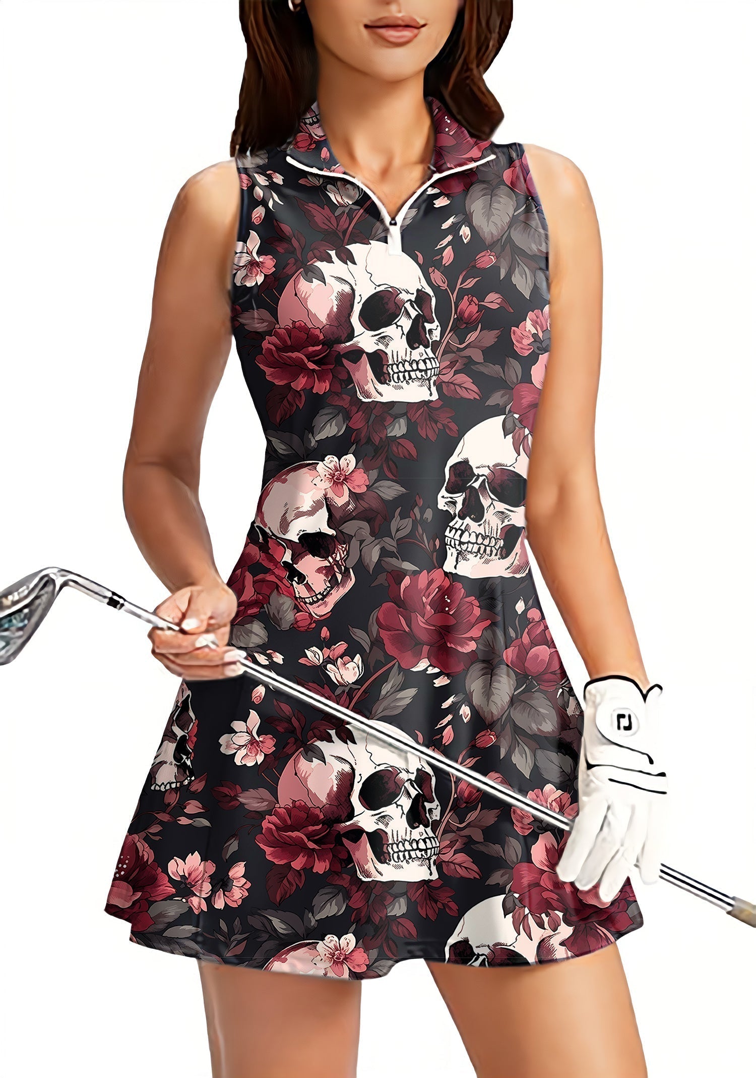 Women's Halloween floral skull sleeveless golf dress with zipper and built-in shorts