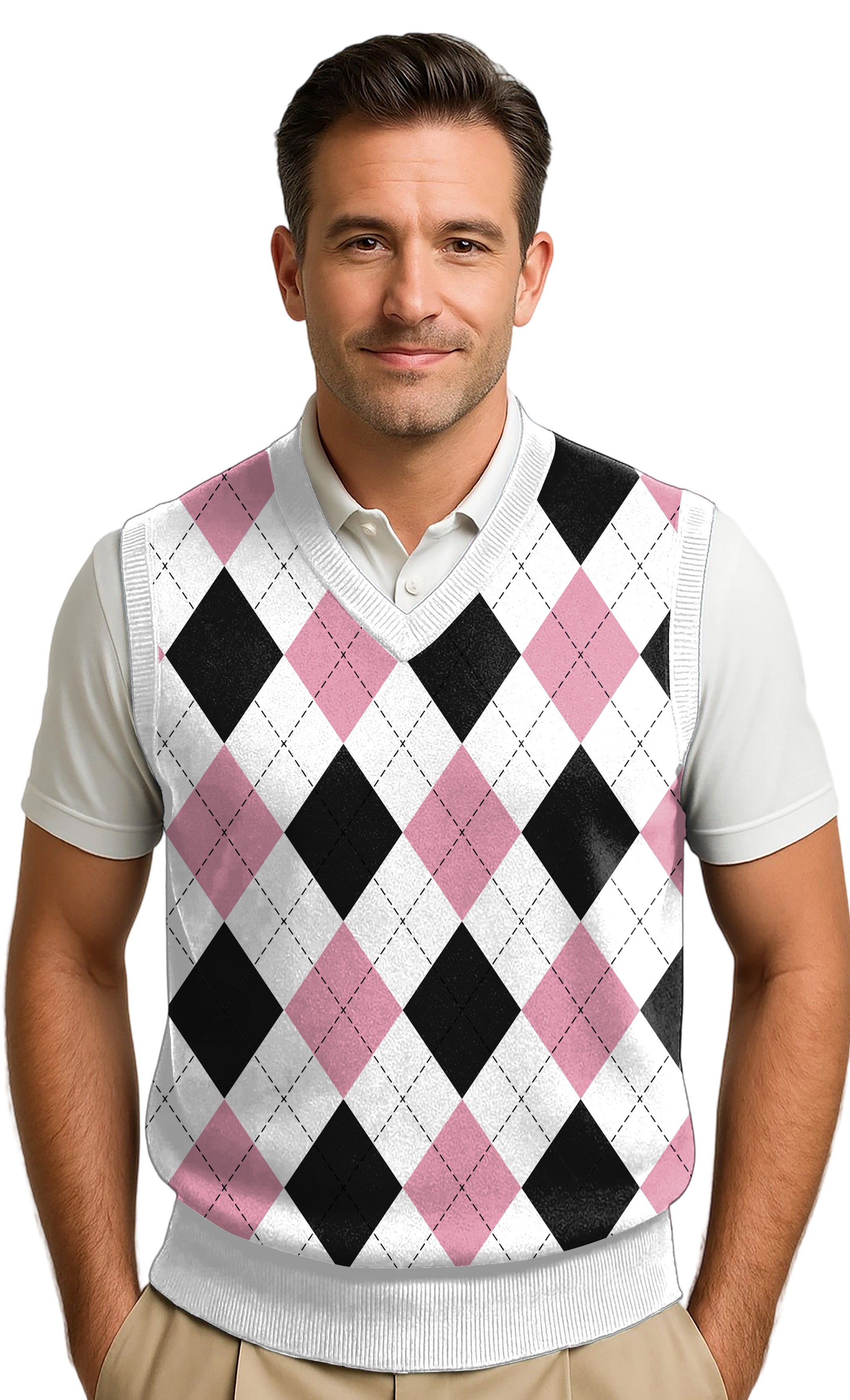 Men's Argyle Wool Sweater Vest - Mens White/Pink/Black