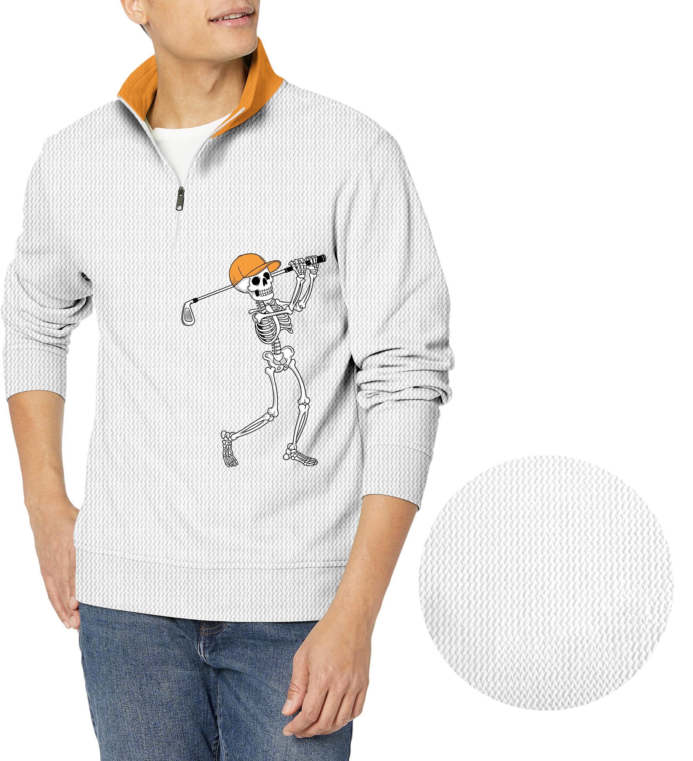 Men's white waffle pullover with pumpkin orange collar and skeleton golf design for Halloween