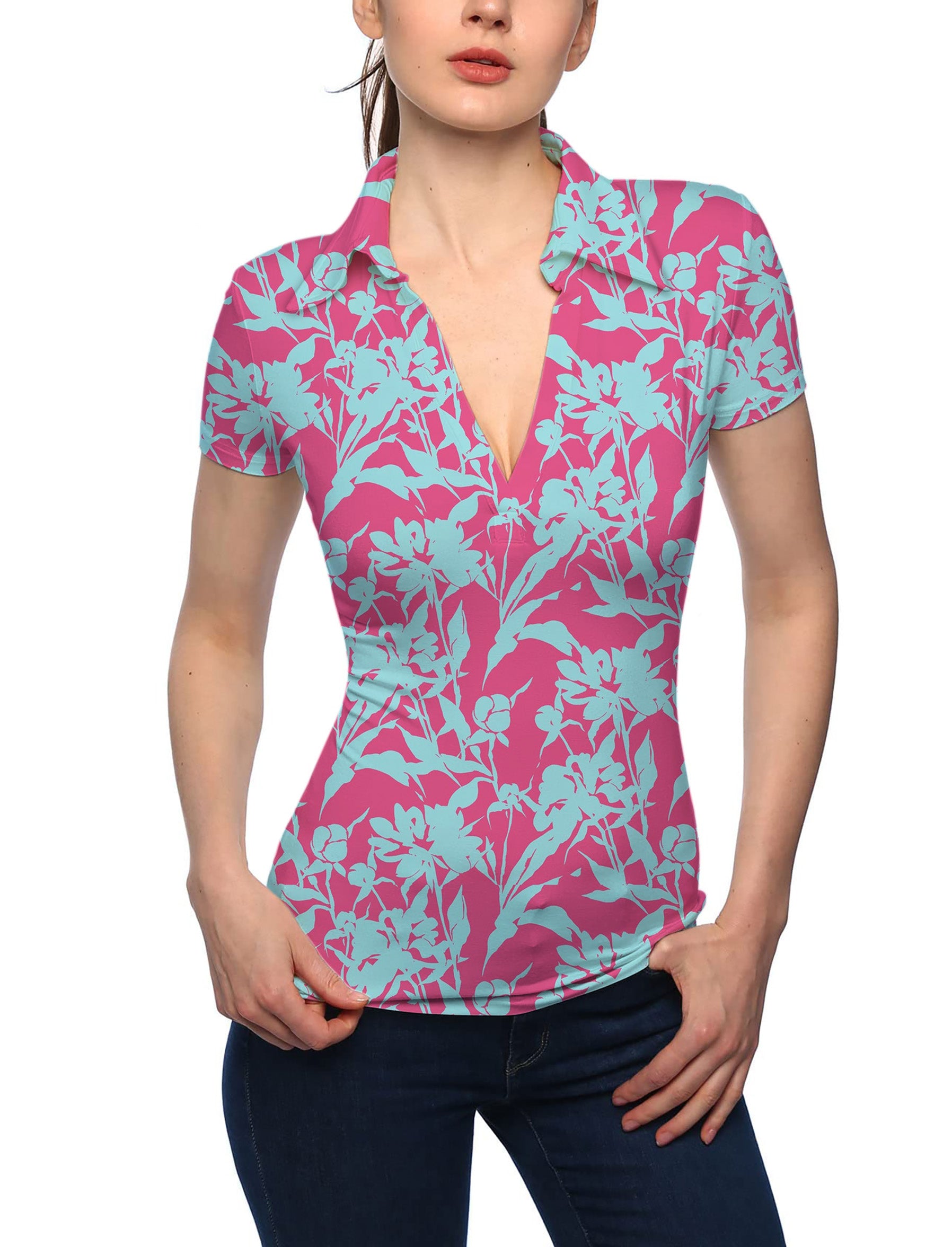 Women's Blue Botanical V Neck Golf Polo