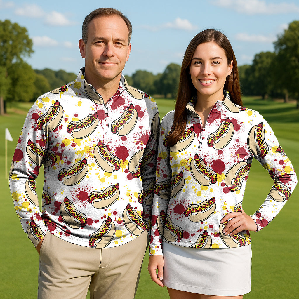 Couple wearing Hot Dog Couple Golf Active 3/4 Zip Top with hot dog print on golf course