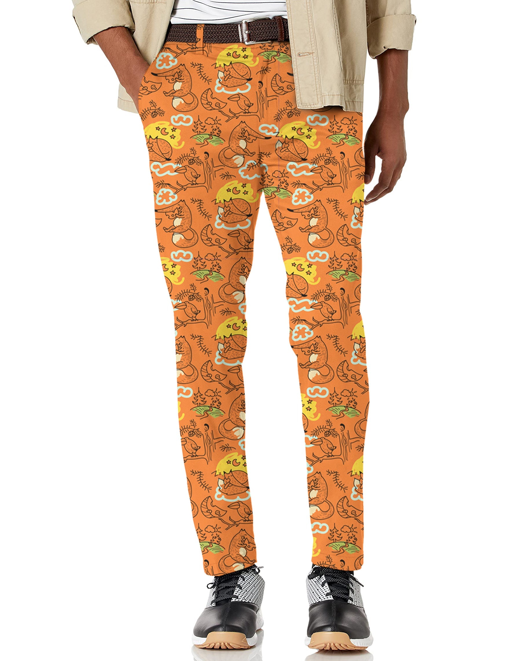 Men's Lazy fox stretch golf pants with vibrant orange fox pattern, lightweight and moisture-wicking fabric, designed for comfort and performance