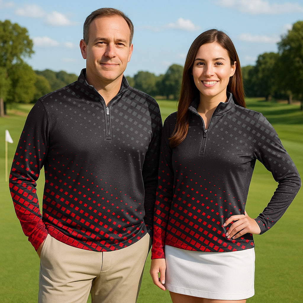 black red sport team couple golf active 3/4 zip top long sleeves on models outdoors