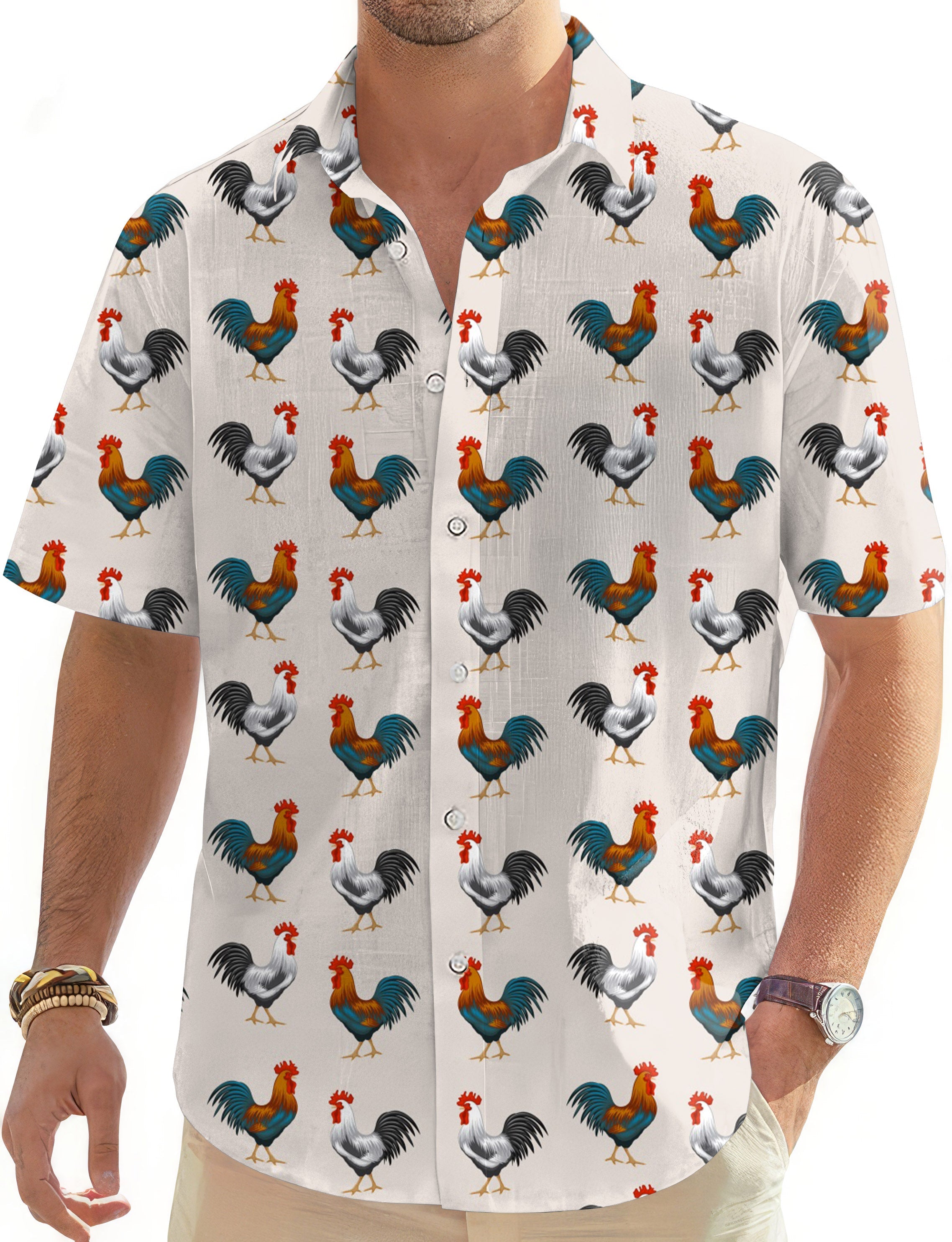 Mr Cocky-Men's golf Hawaiian shirt with colorful rooster print, short sleeve button-down summer casual shirt for men