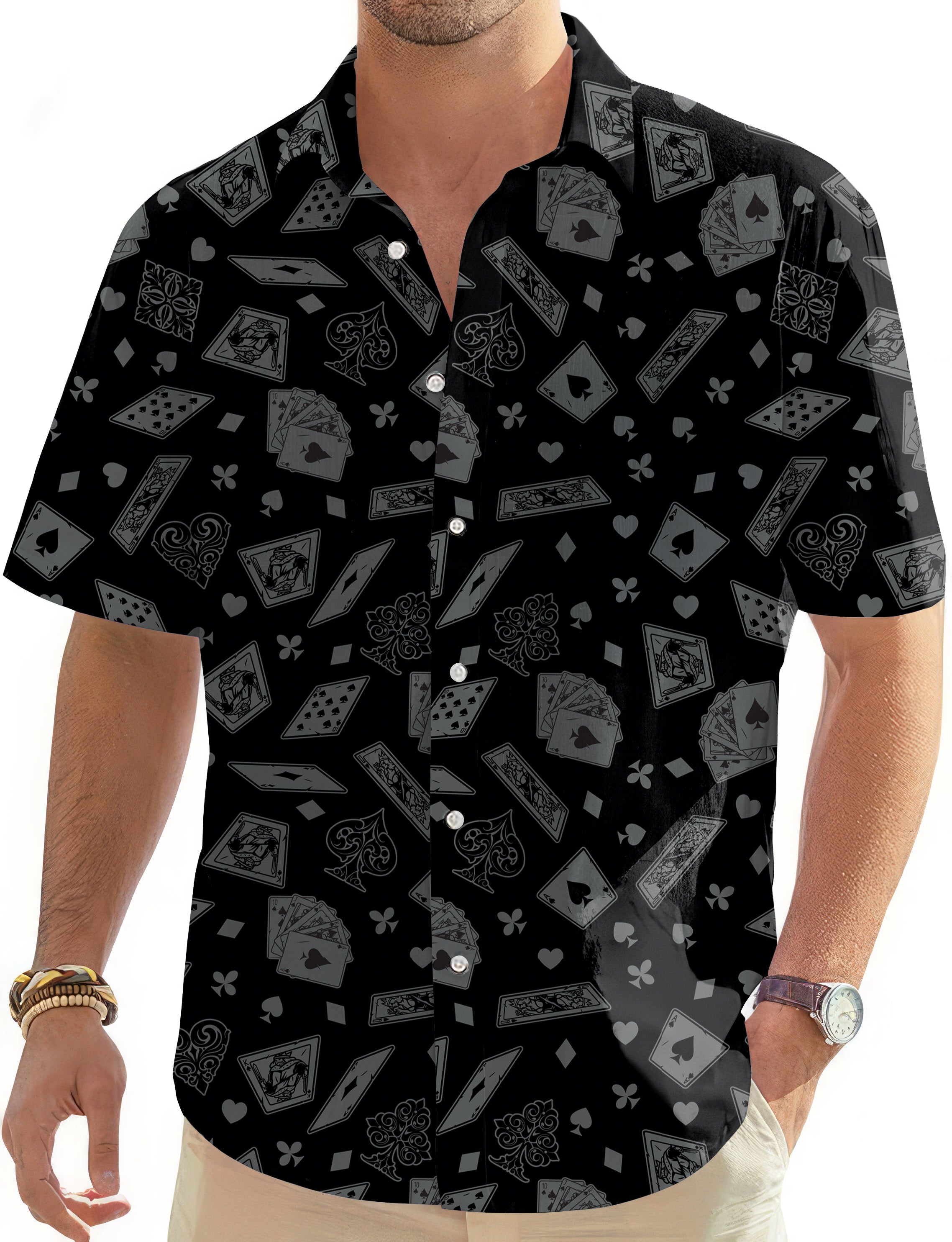 poker-Men's black Hawaiian golf shirt with card and dice pattern, short sleeve button-down design