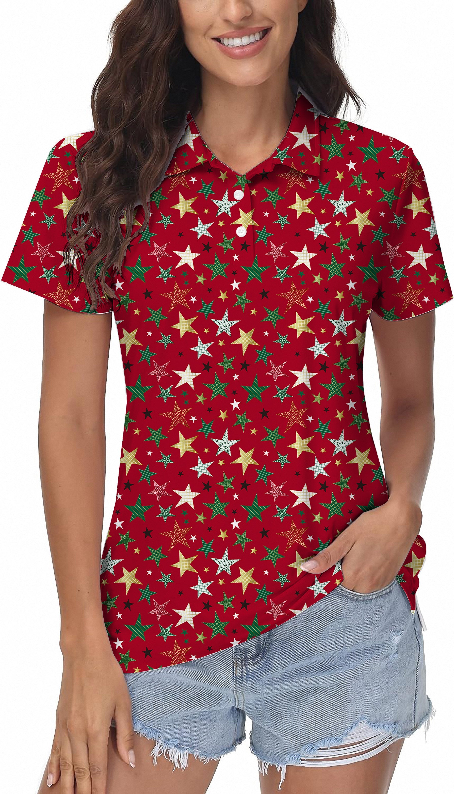 Women's Colorful Stars Christmas golf polo shirt with four-way stretch and moisture-wicking fabric