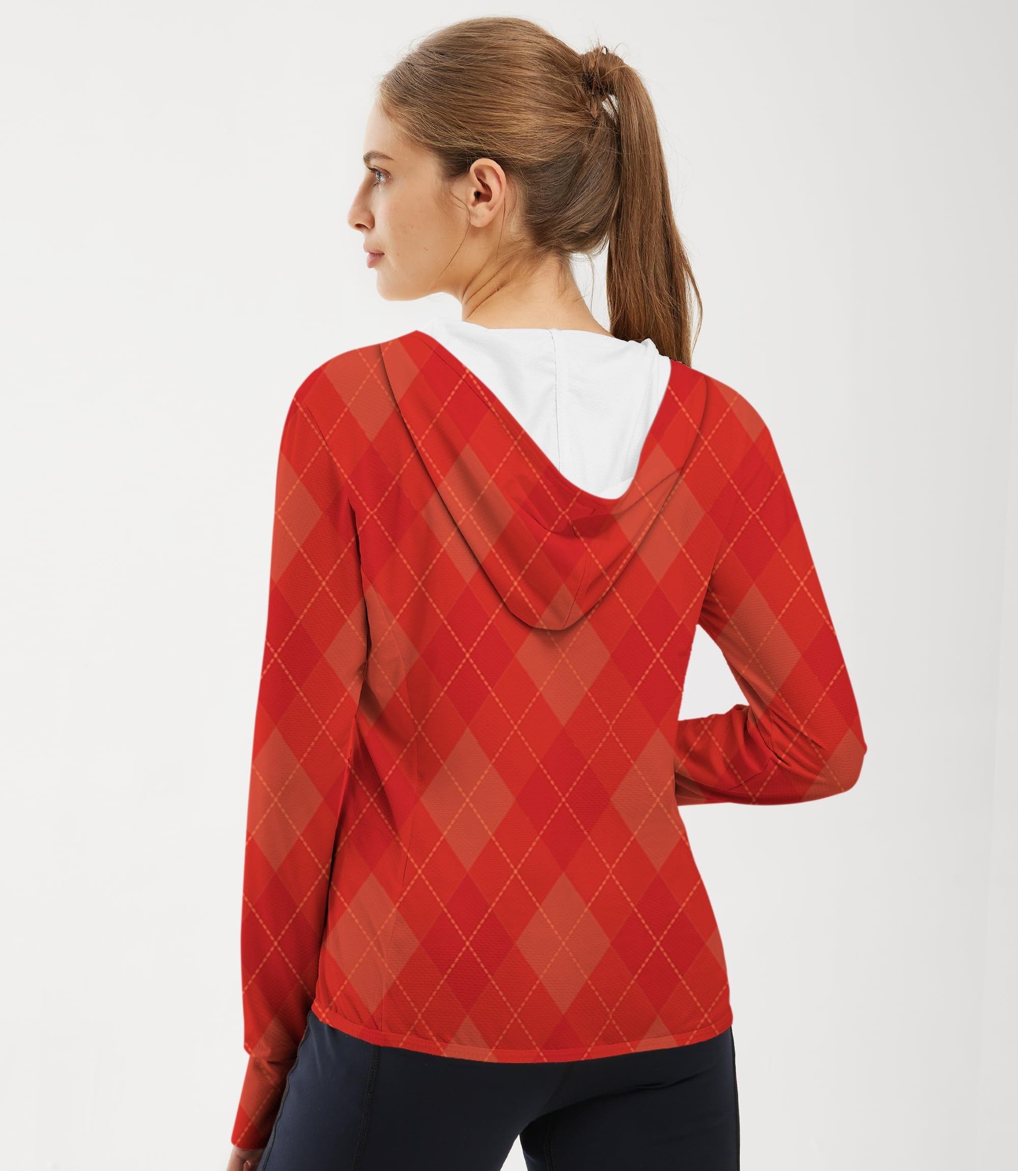 Women's outdoor red argyle slim fit zip hoodie with sun protection and thumb holes