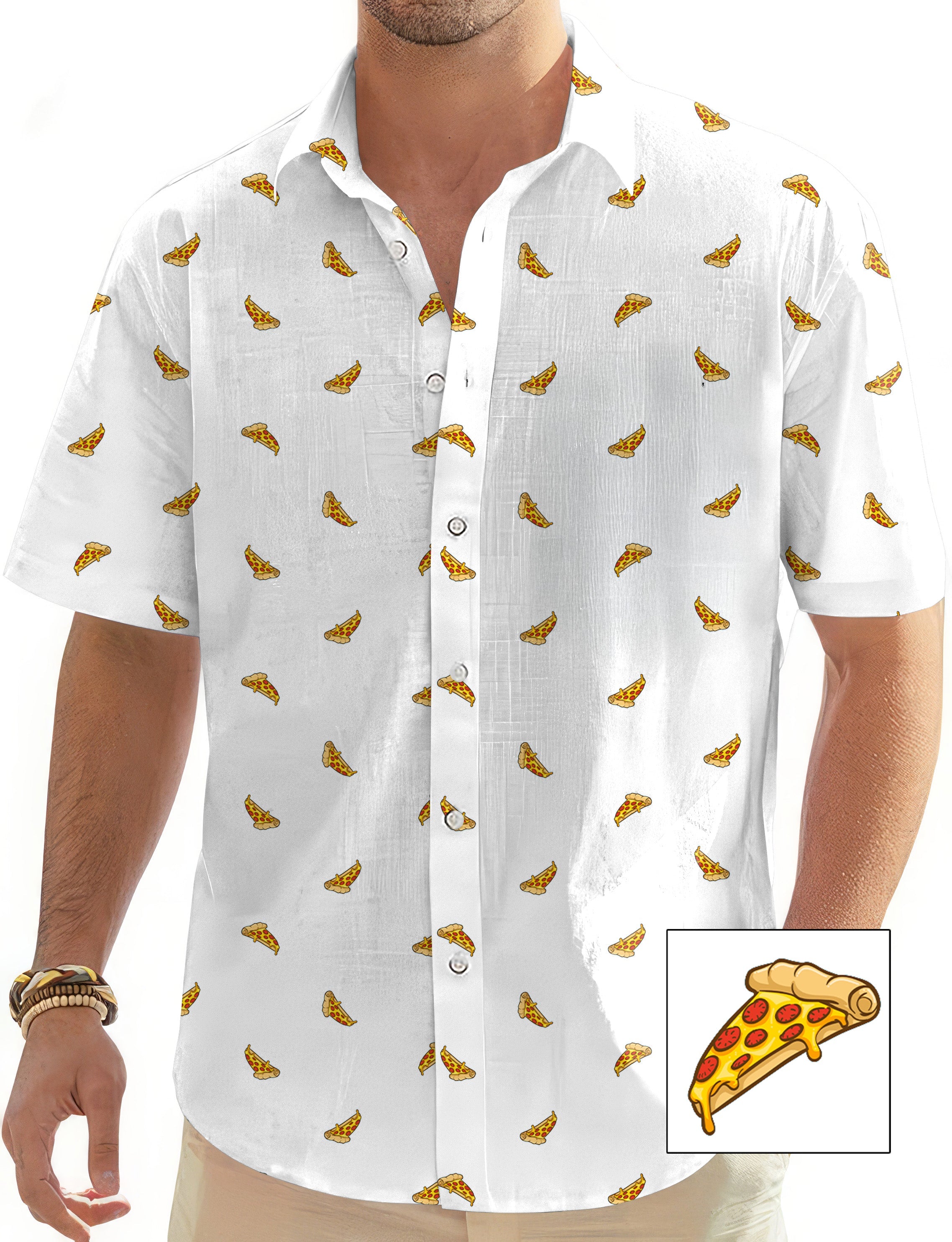 Men's white button-down shirt with custom white pizza slice print design