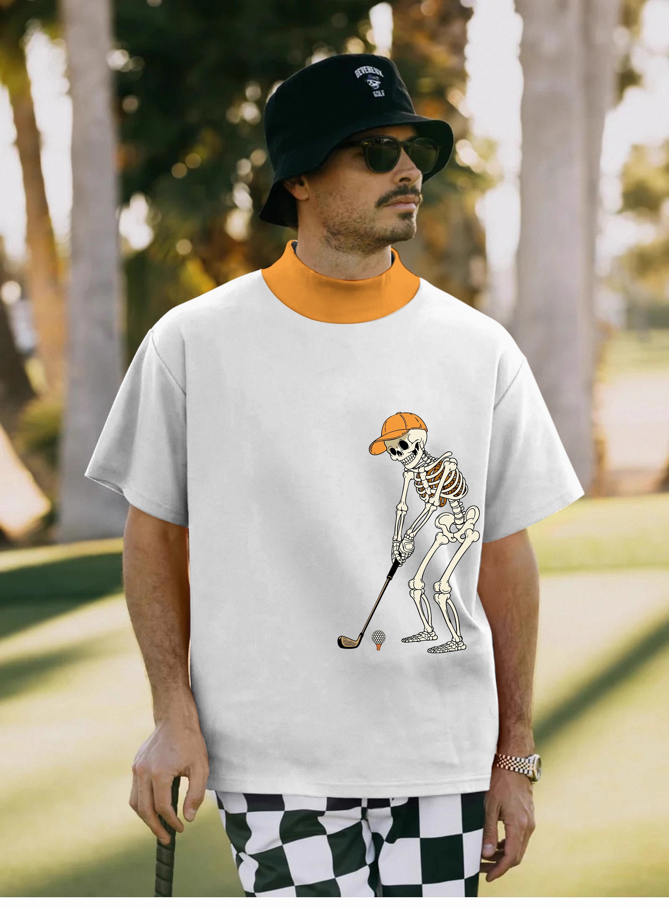 Men's white Halloween skeleton golf pullover with pumpkin collar and skeleton golf design