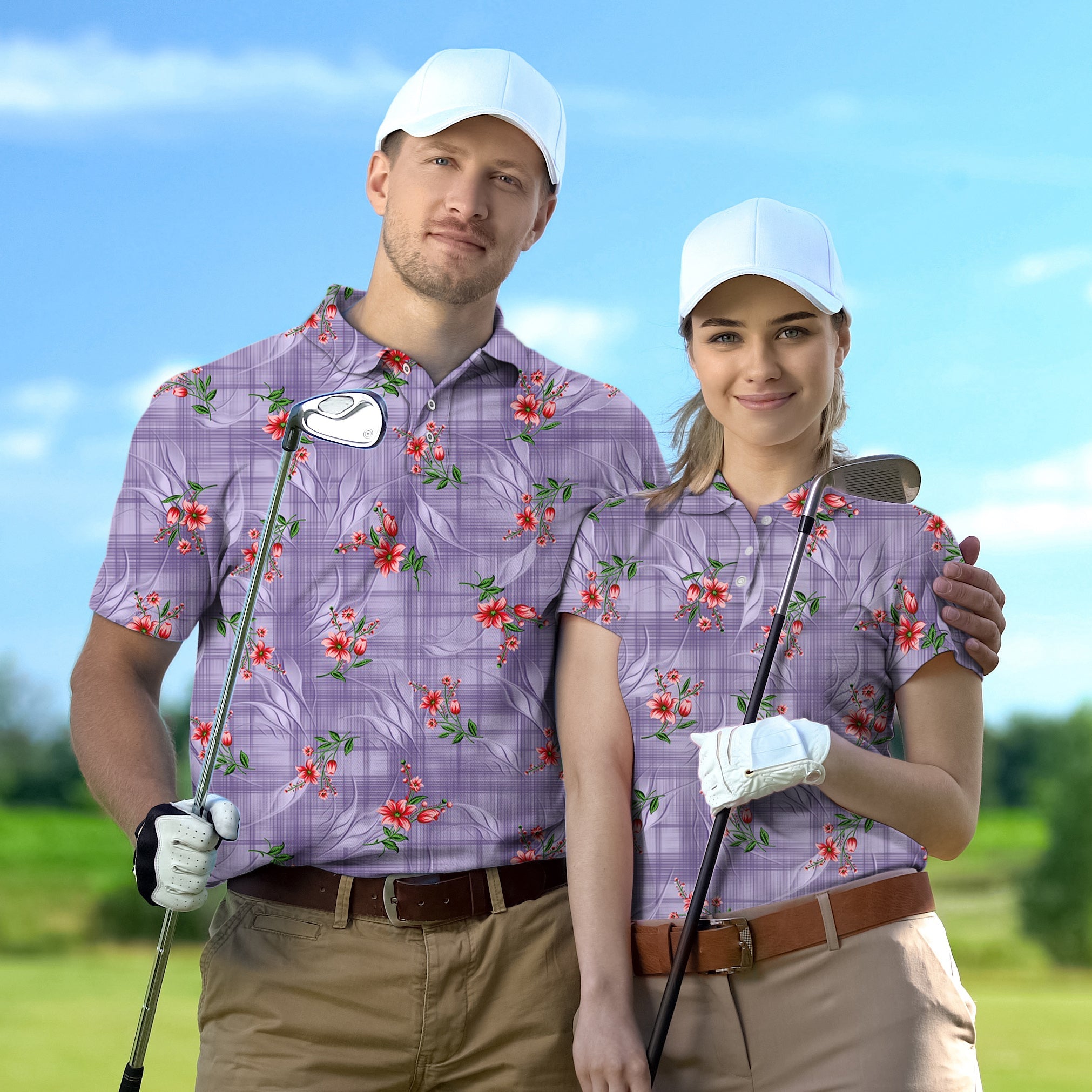 Couple wearing purple flower golf polo shirts holding clubs on a golf course