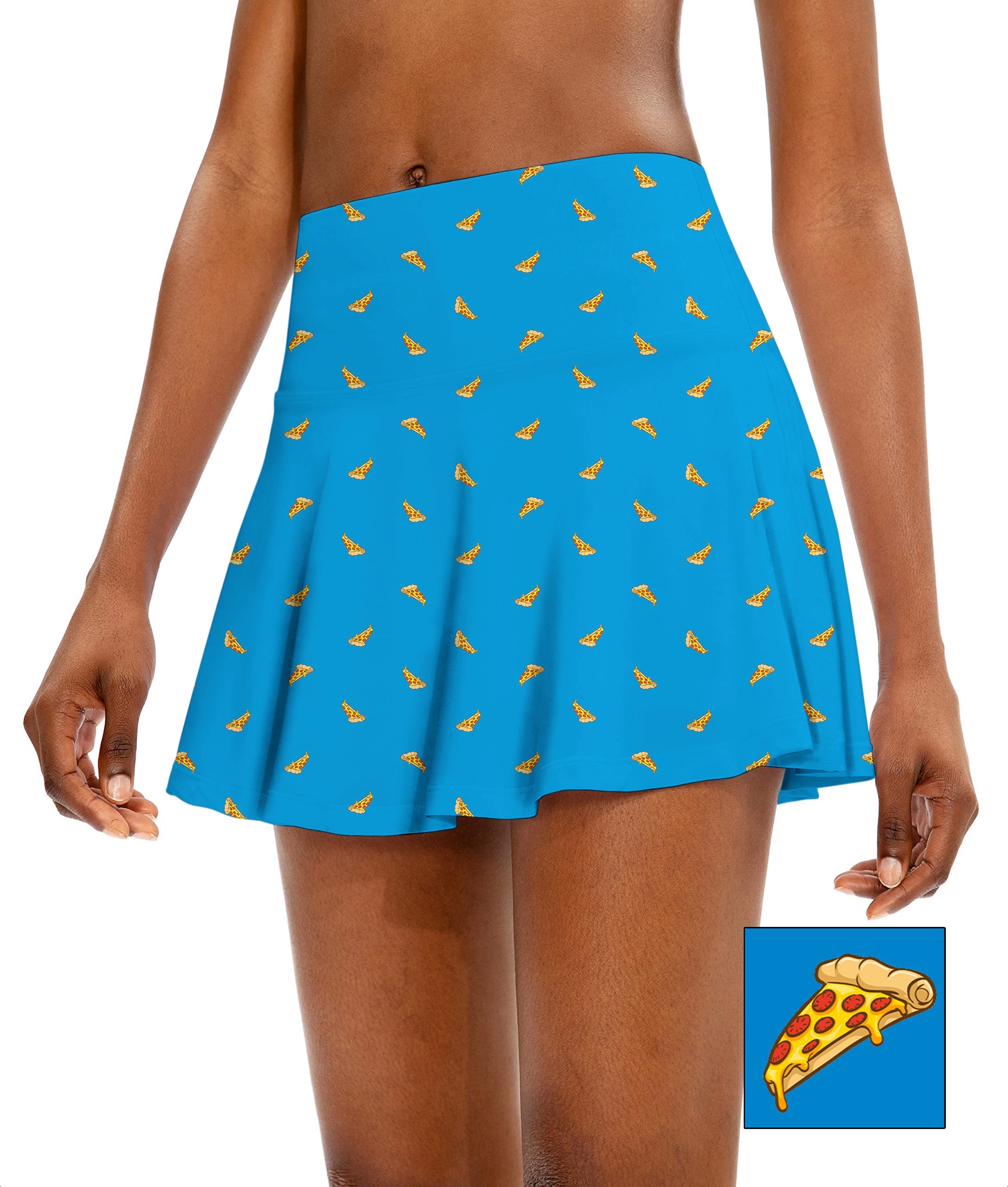 Women's athletic golf skort with white pizza custom blue background and flared skirt design