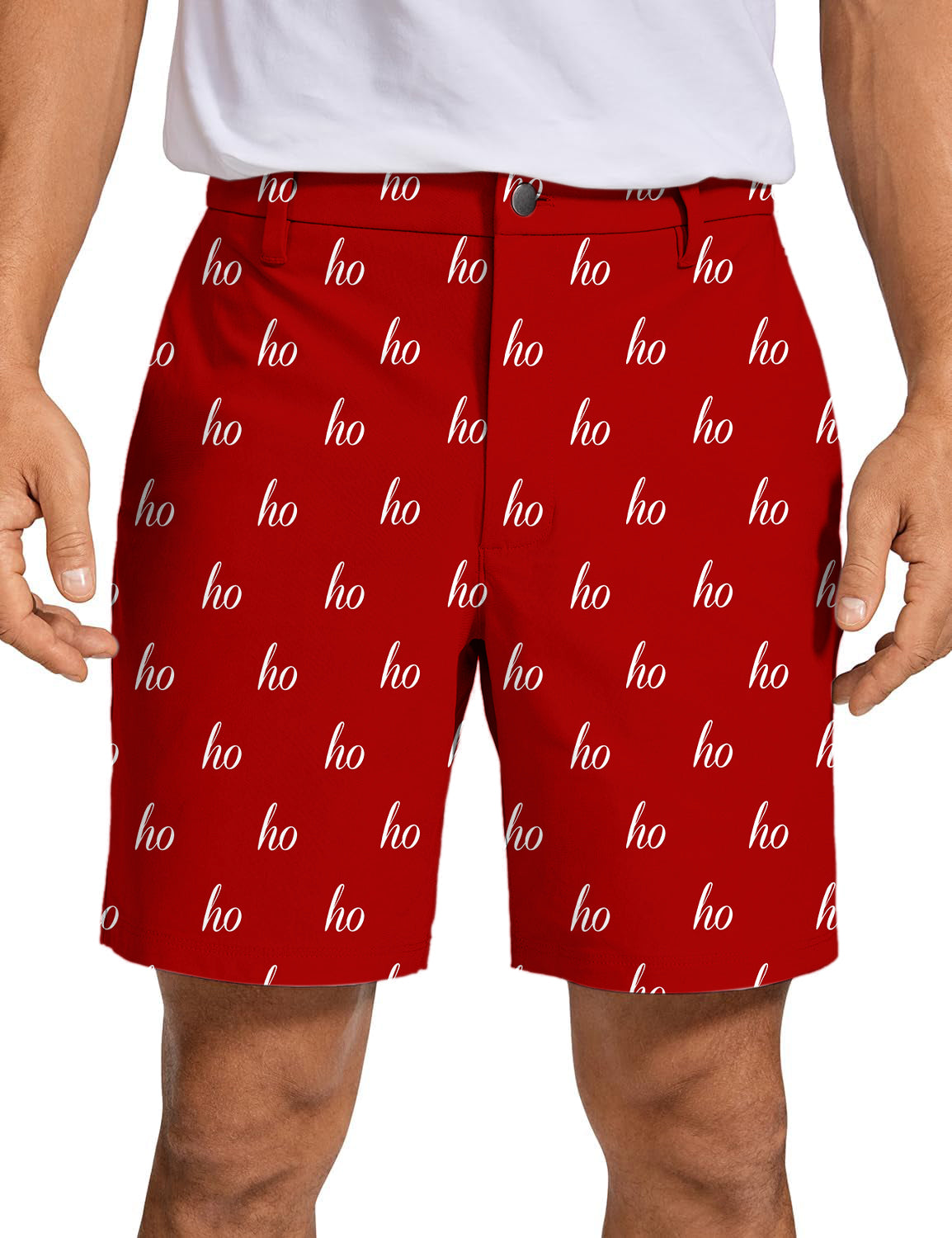 Men's red custom name Christmas golf shorts with "ho" print, lightweight and breathable performance fabric