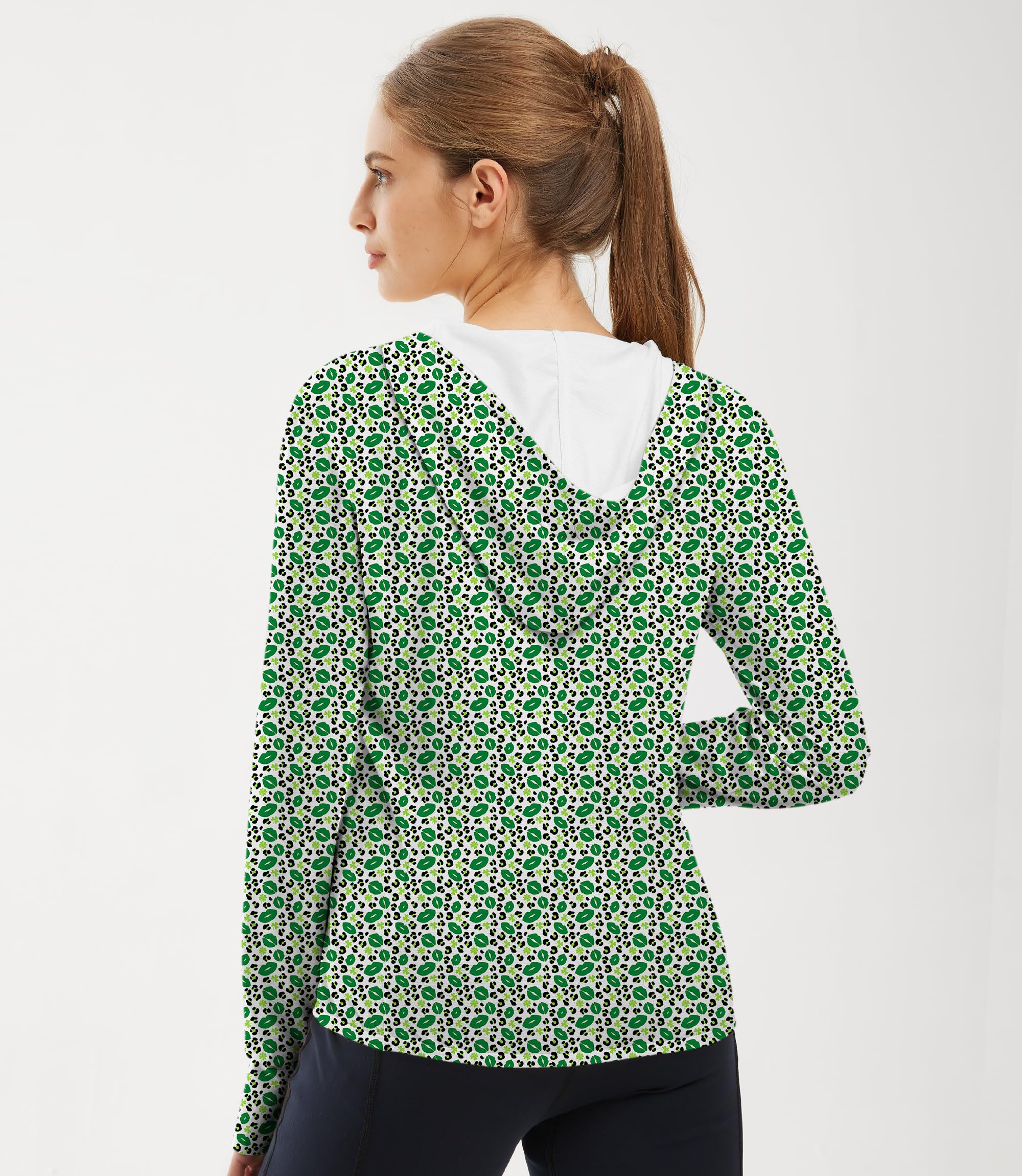 Women's Outdoor Green leopard kiss St. Patrick's Day Golf Sun Protection Slim Fit zip hoodies